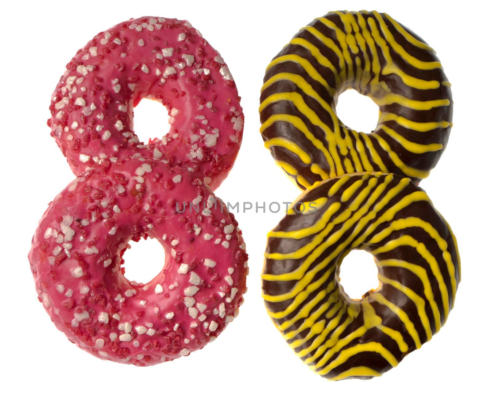 Four appetizing American donuts, on white background isolated