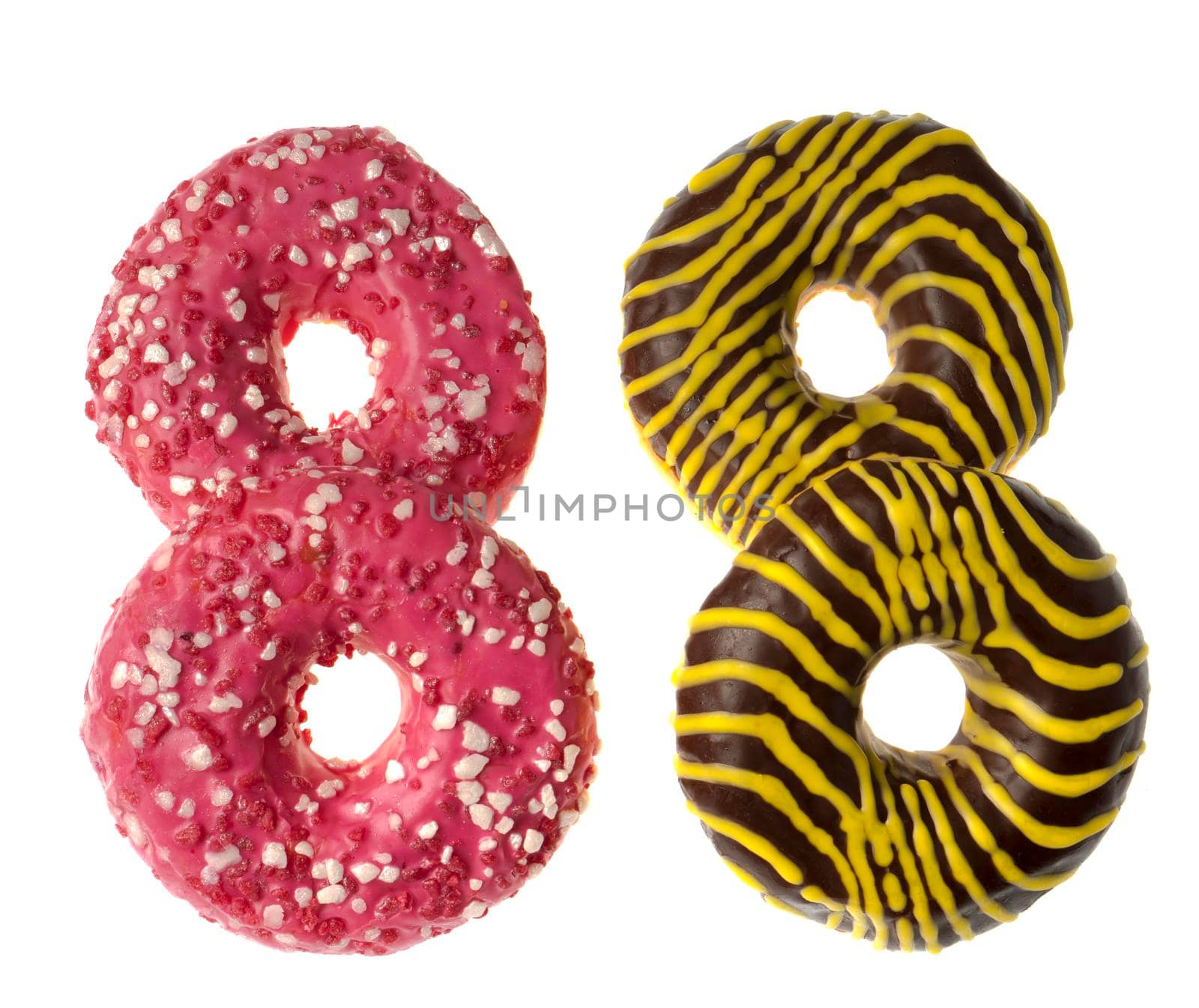 Four appetizing American donuts, on white background isolated