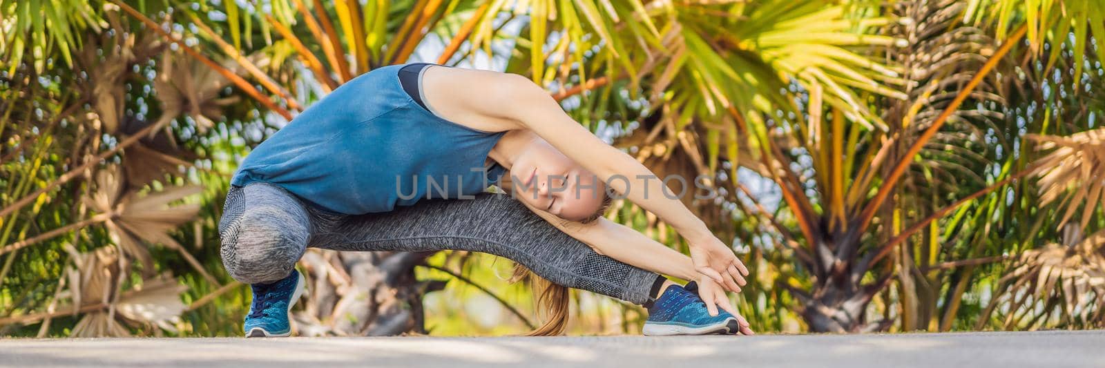 Woman doing yoga in a tropical park. BANNER, LONG FORMAT