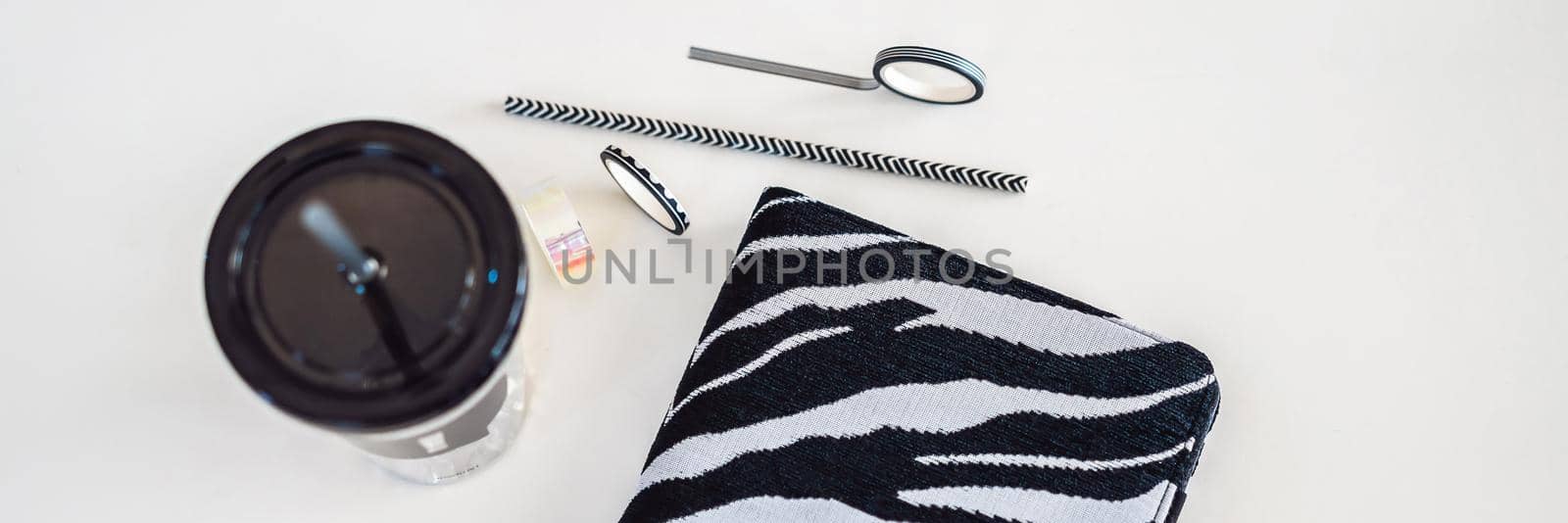 Notepad and stationery on white background. Planner for business and study. Fans of stationery. BANNER, LONG FORMAT