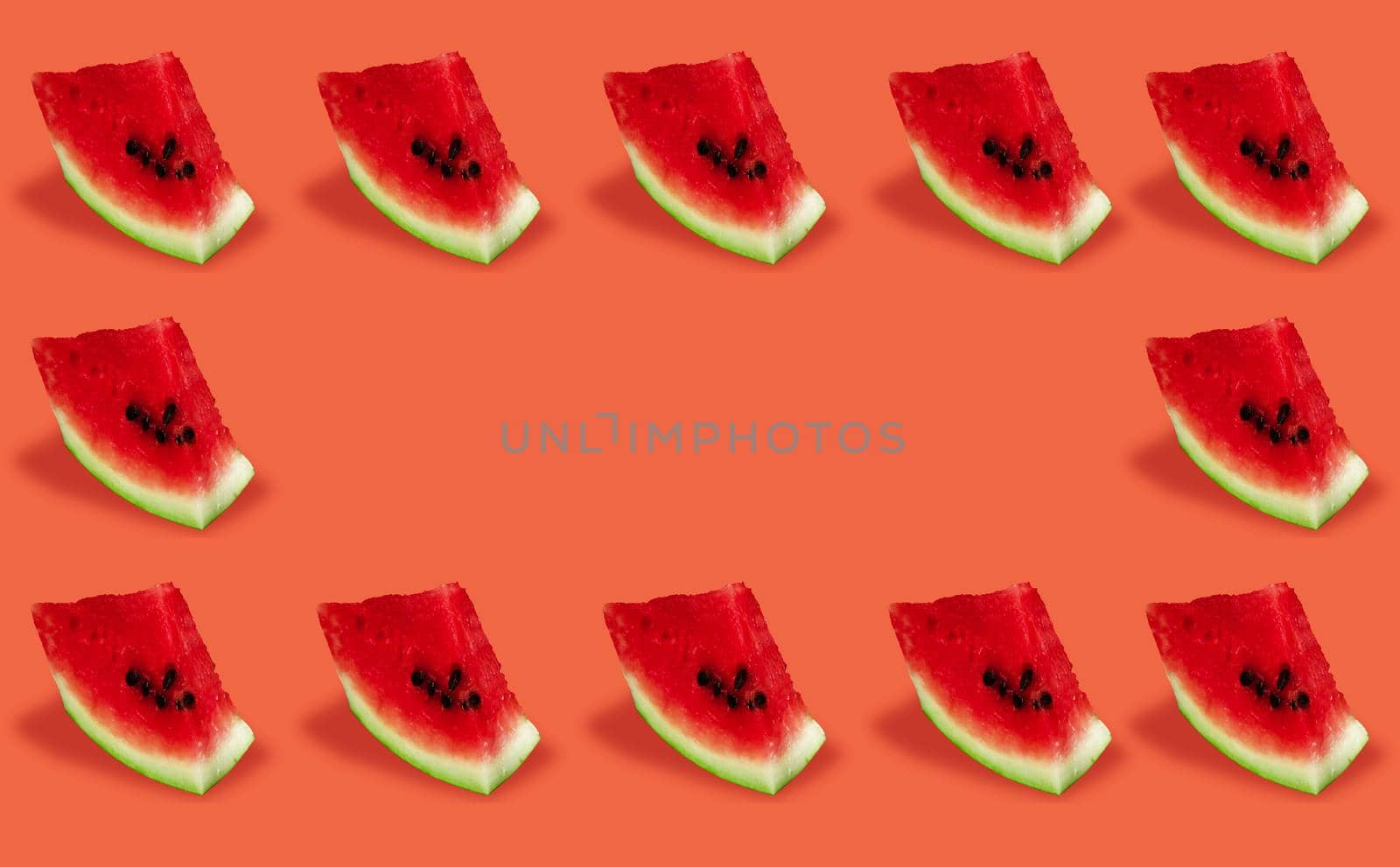 Identical pieces of sliced ripe watermelon, on a red background collage, place for text