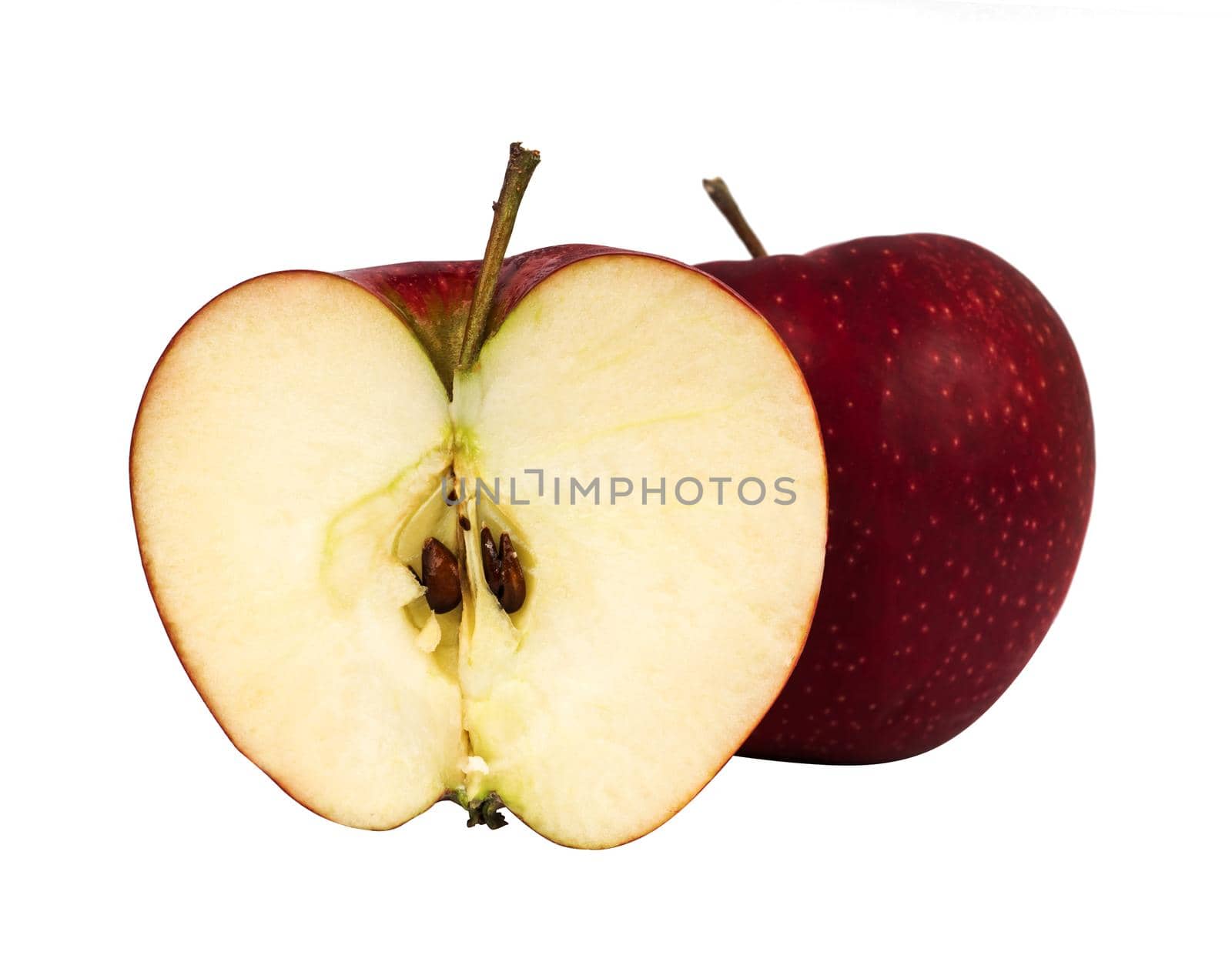 Ripe red apple and half apple on white background