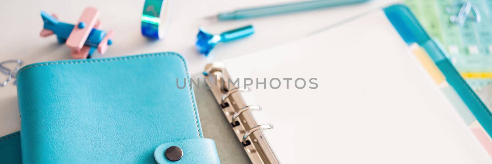 Notepad and stationery on white background. Planner for business and study. Fans of stationery BANNER, LONG FORMAT by galitskaya