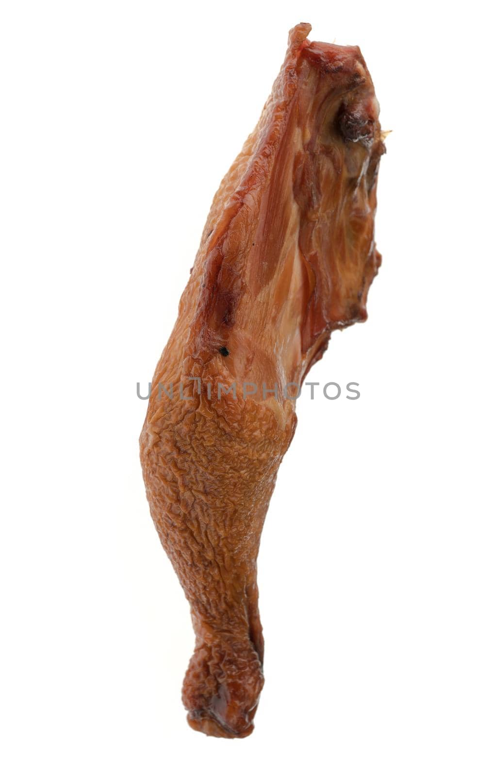 Smoked chicken meat, chicken legs, quarter, on a white plate isolated