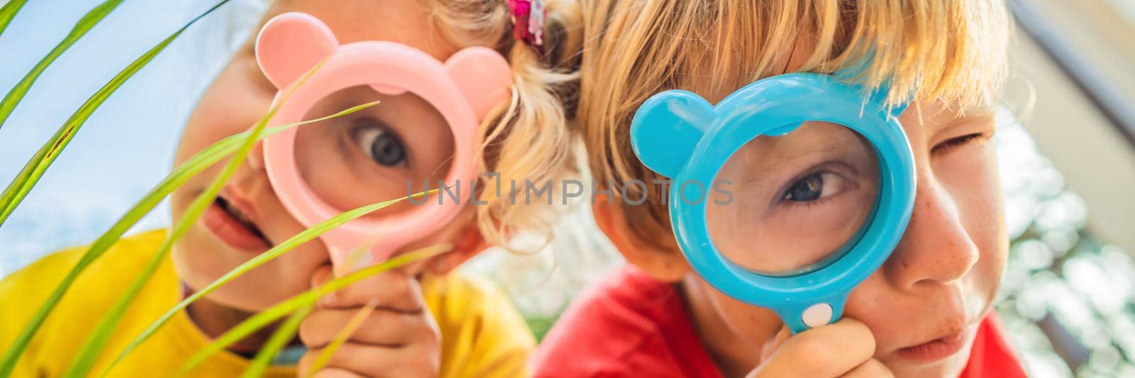 Boy and girl are looking in a magnifying glass against the background of the garden. Home schooling BANNER, LONG FORMAT by galitskaya