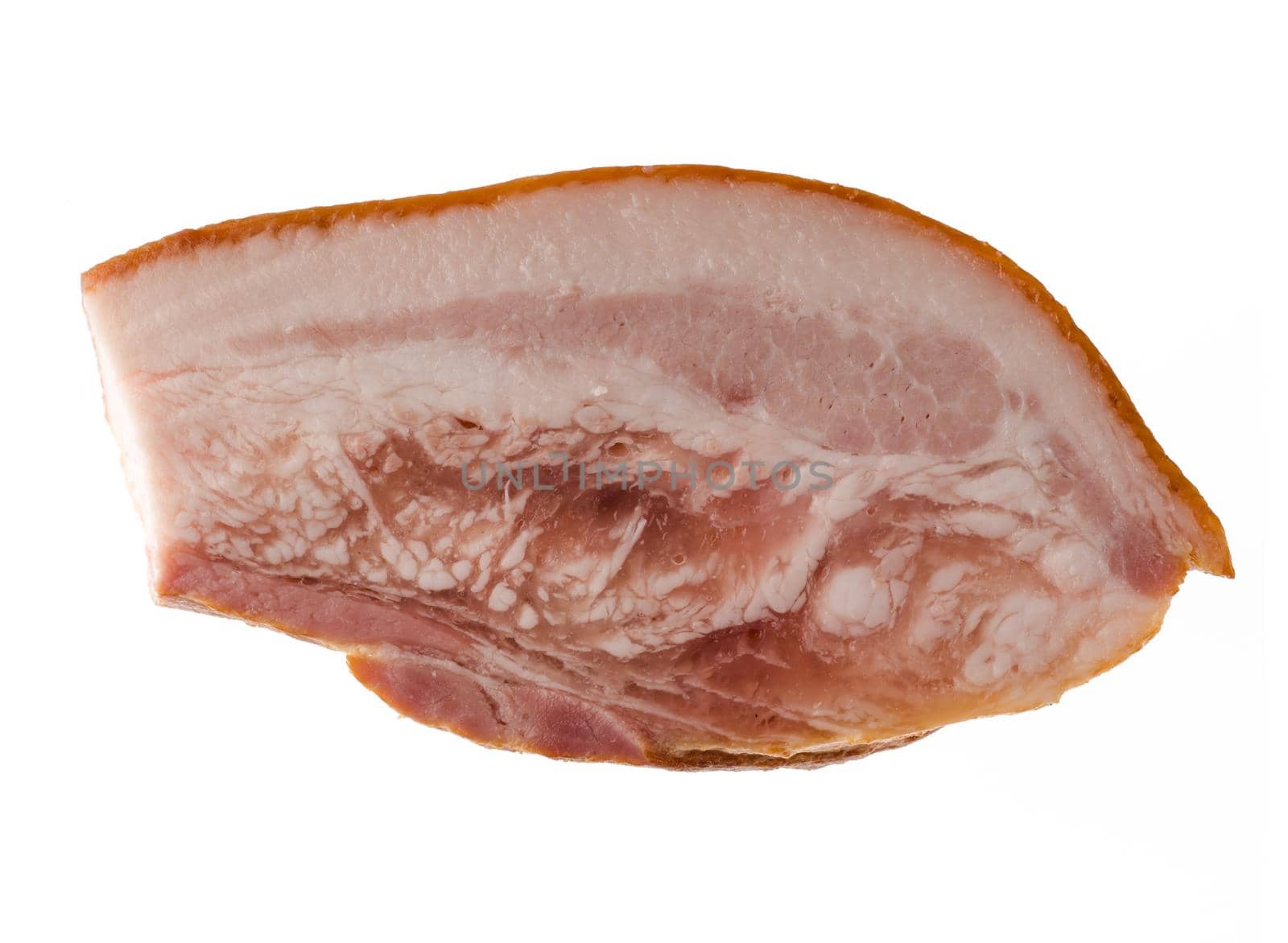 Thick piece of ready-made appetizing, smoked, pork lard with layers of meat, on a white background in isolation
