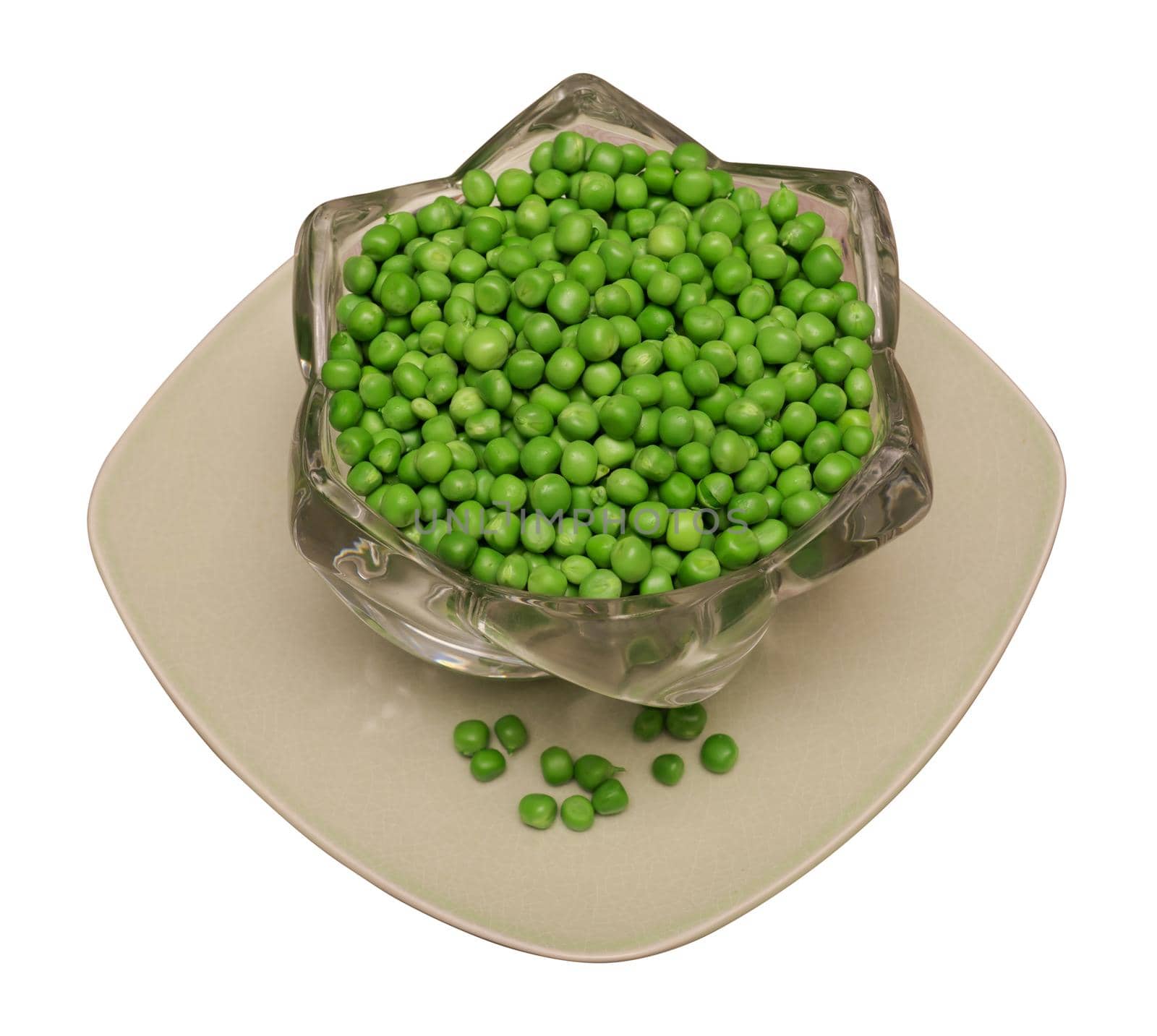 green peas separated from the shell, pea seeds, lies in glassware and on a square plate, on a white background