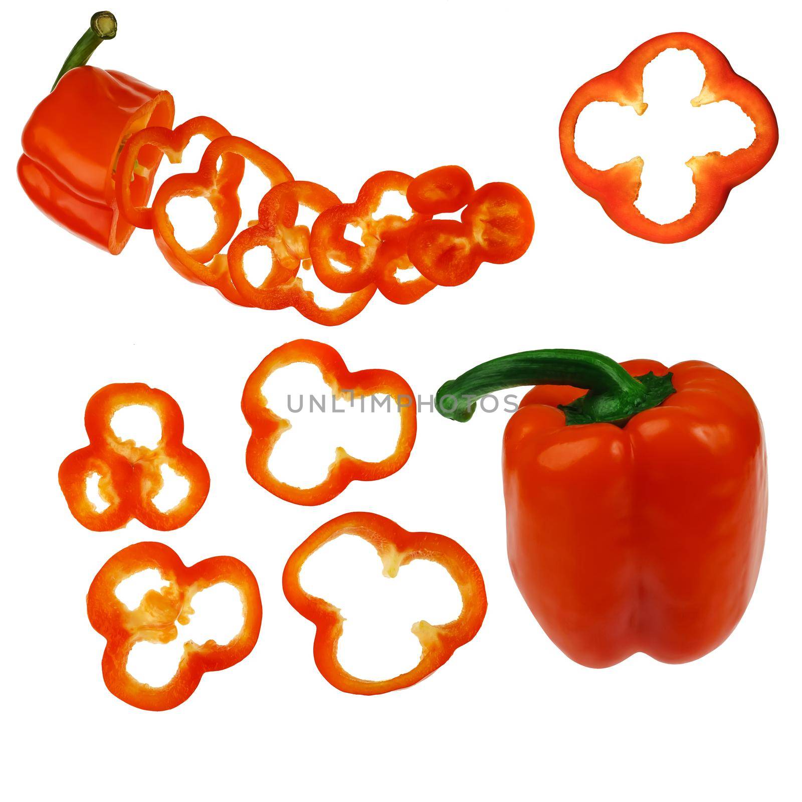 ripe sweet red pepper, cut into pieces and whole, on a white background, collage