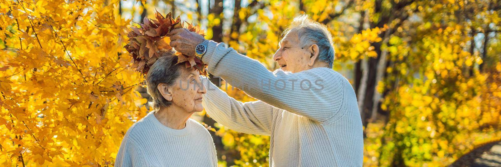 BANNER, LONG FORMAT Happy old couple having fun at autumn park. Elderly man wearing a wreath of autumn leaves to his elderly wife by galitskaya