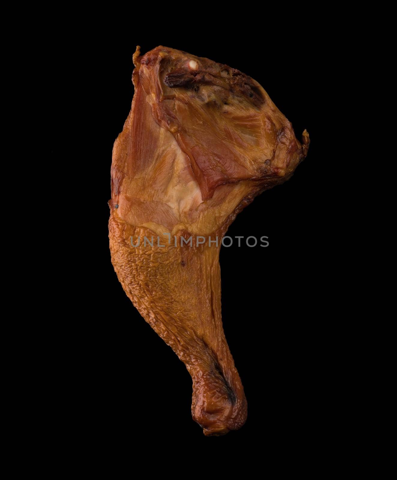 Appetizing smoked chicken legs, Ice, on a black background in isolation poultry meat, chicken smoked meat