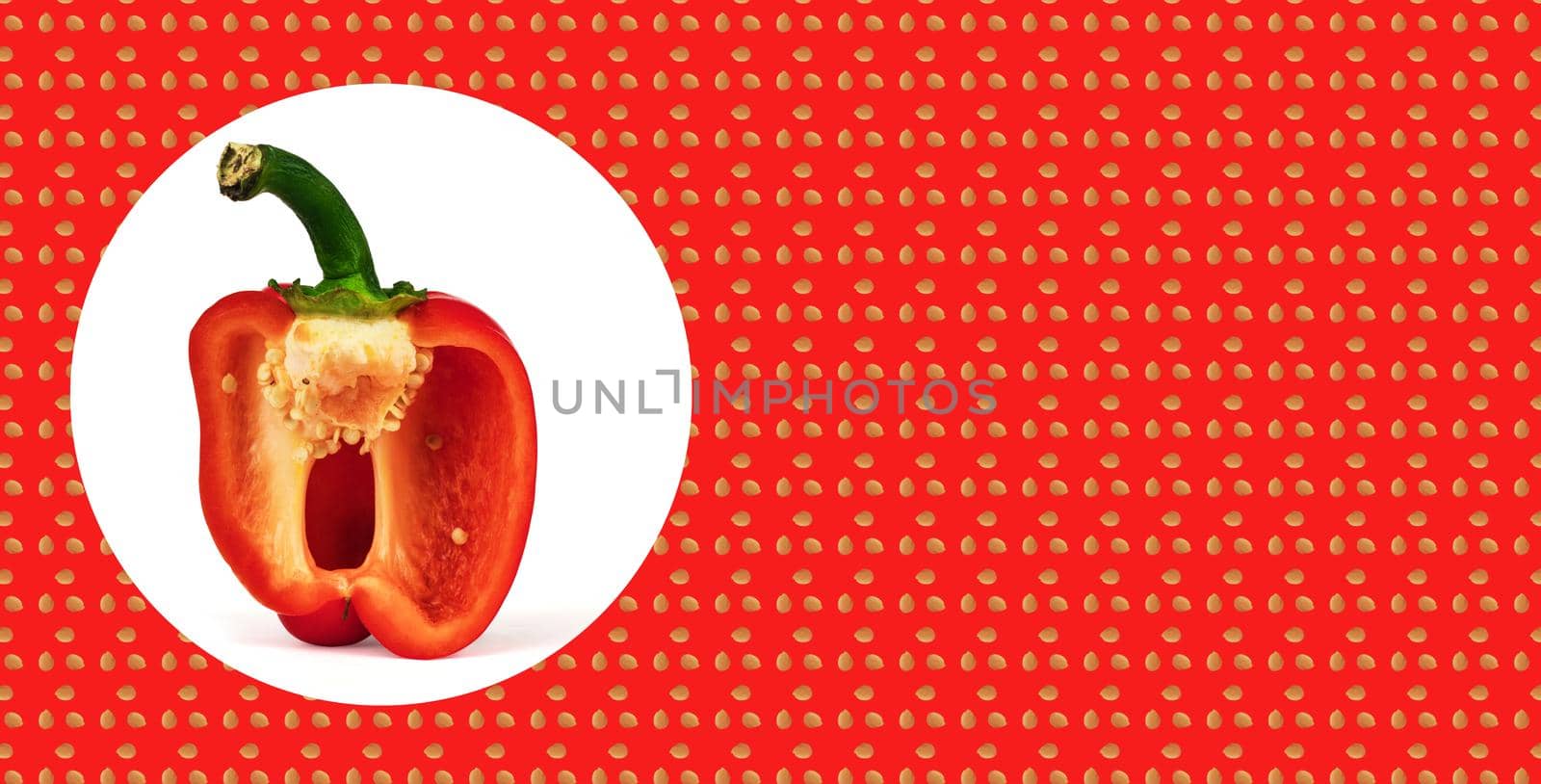 a cut piece of ripe red sweet pepper, on a white background with a shadow, space for the text, on a red background