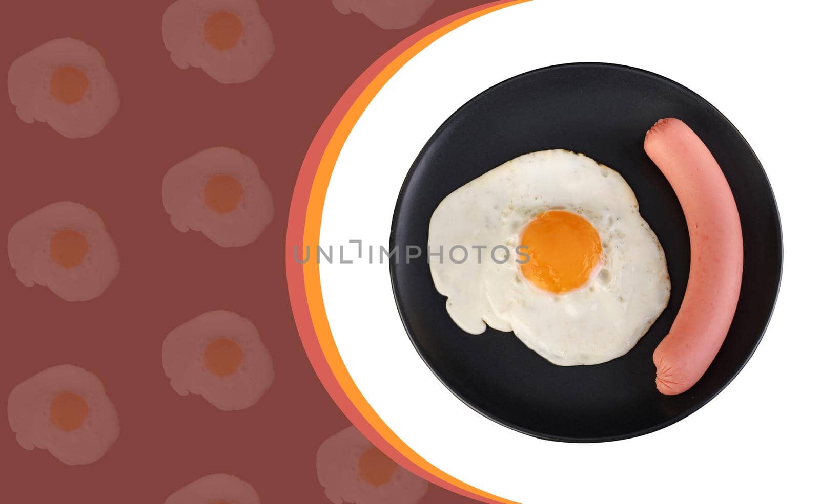 Fried egg and sausage on a black plate, on a white background, space for the text on a dark red background