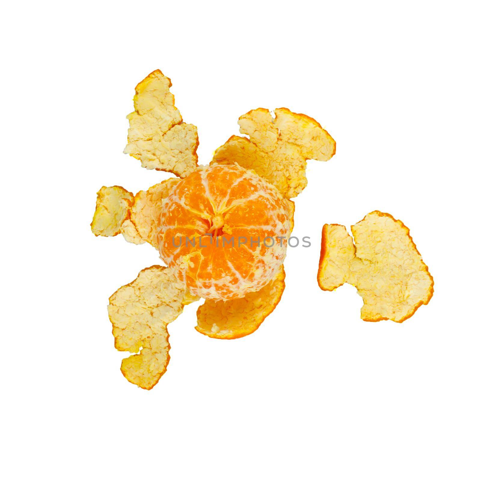 Ripe tangerine, peeled, on a white background isolated