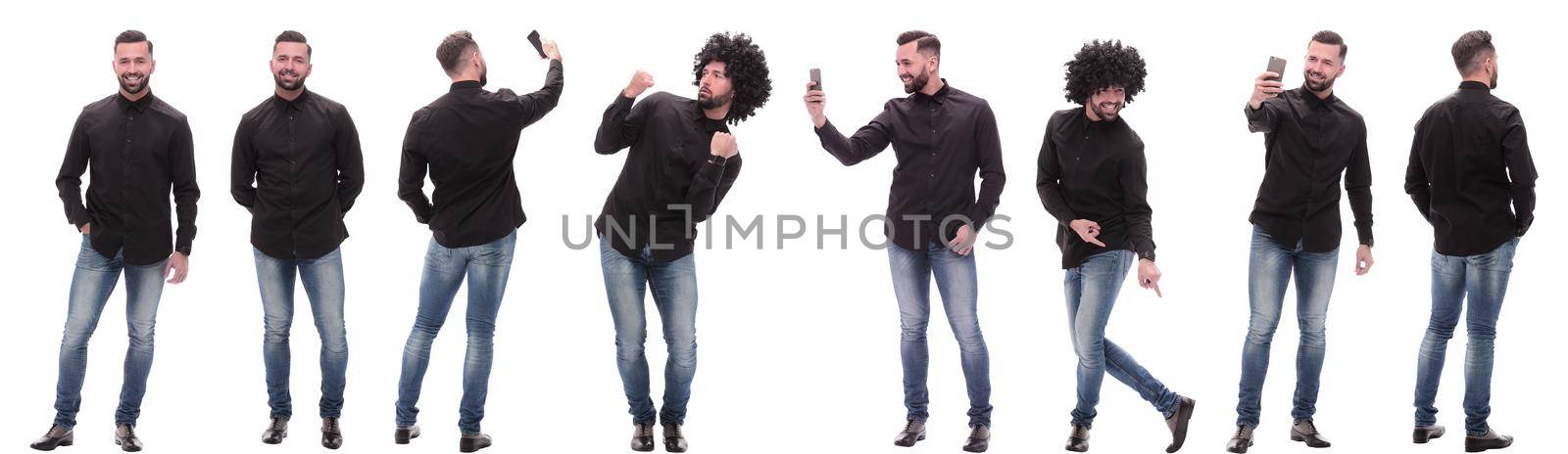 collage of photos of a casual young man with a smartphone