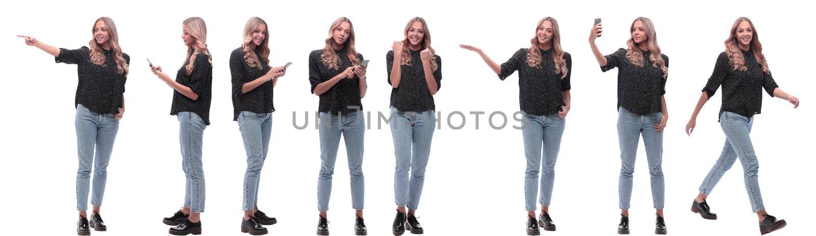 collage of photos of a cute young woman. isolated on a white background
