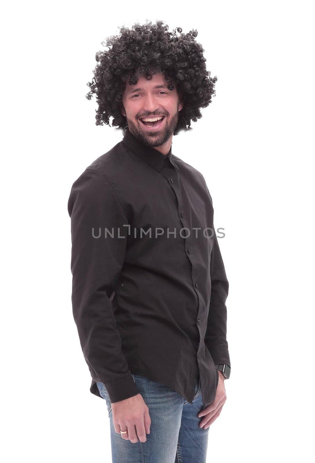 side view. funny shocking guy in jeans. isolated on white background