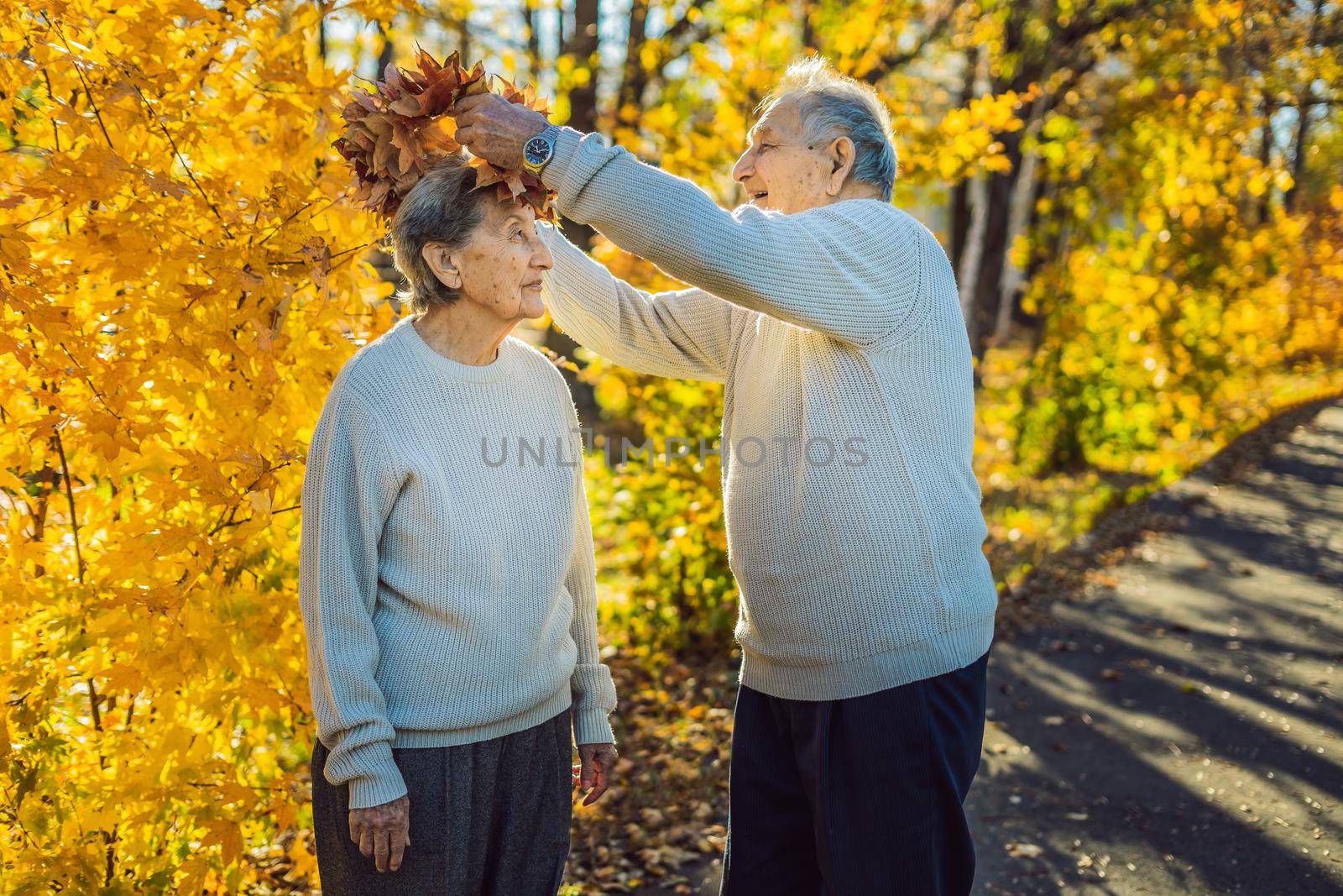 Happy old couple having fun at autumn park. Elderly man wearing a wreath of autumn leaves to his elderly wife.
