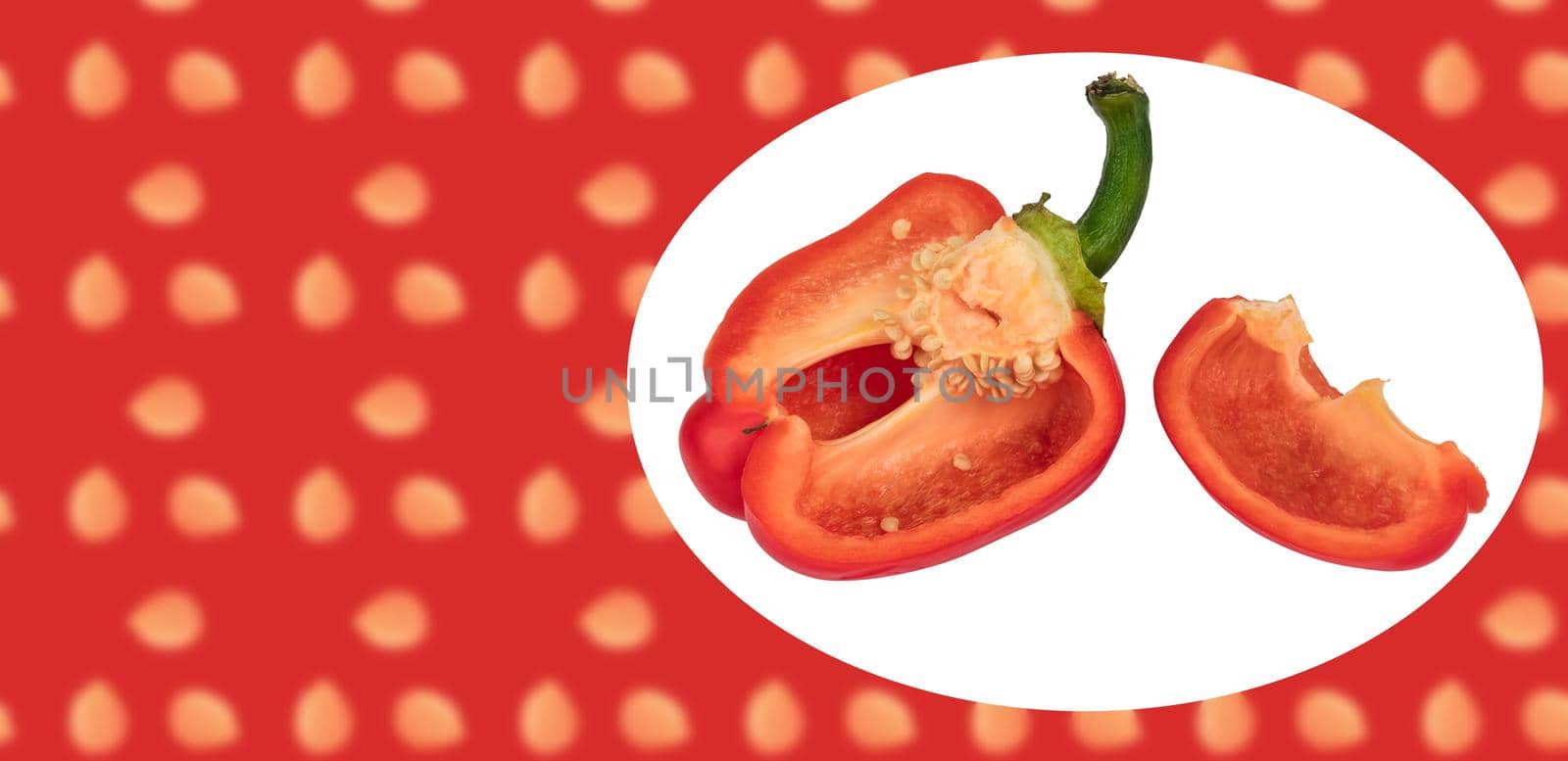 Ripe sweet red pepper, cut into pieces, on a white background, placeopod text on a red background, template for a banner