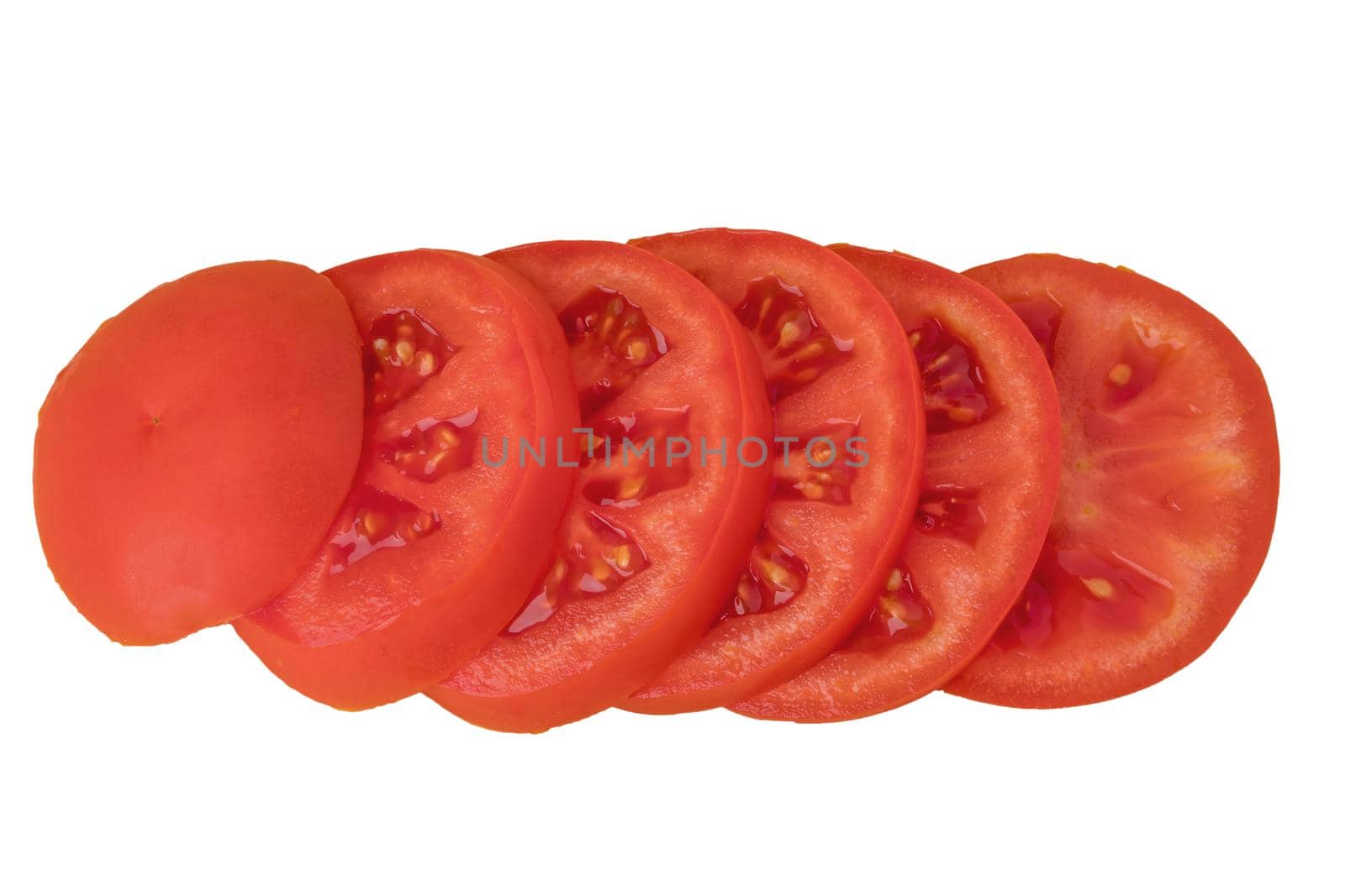 Whole and cut red tomatoes, sliced, sliced on a white plate in isolation by A_A