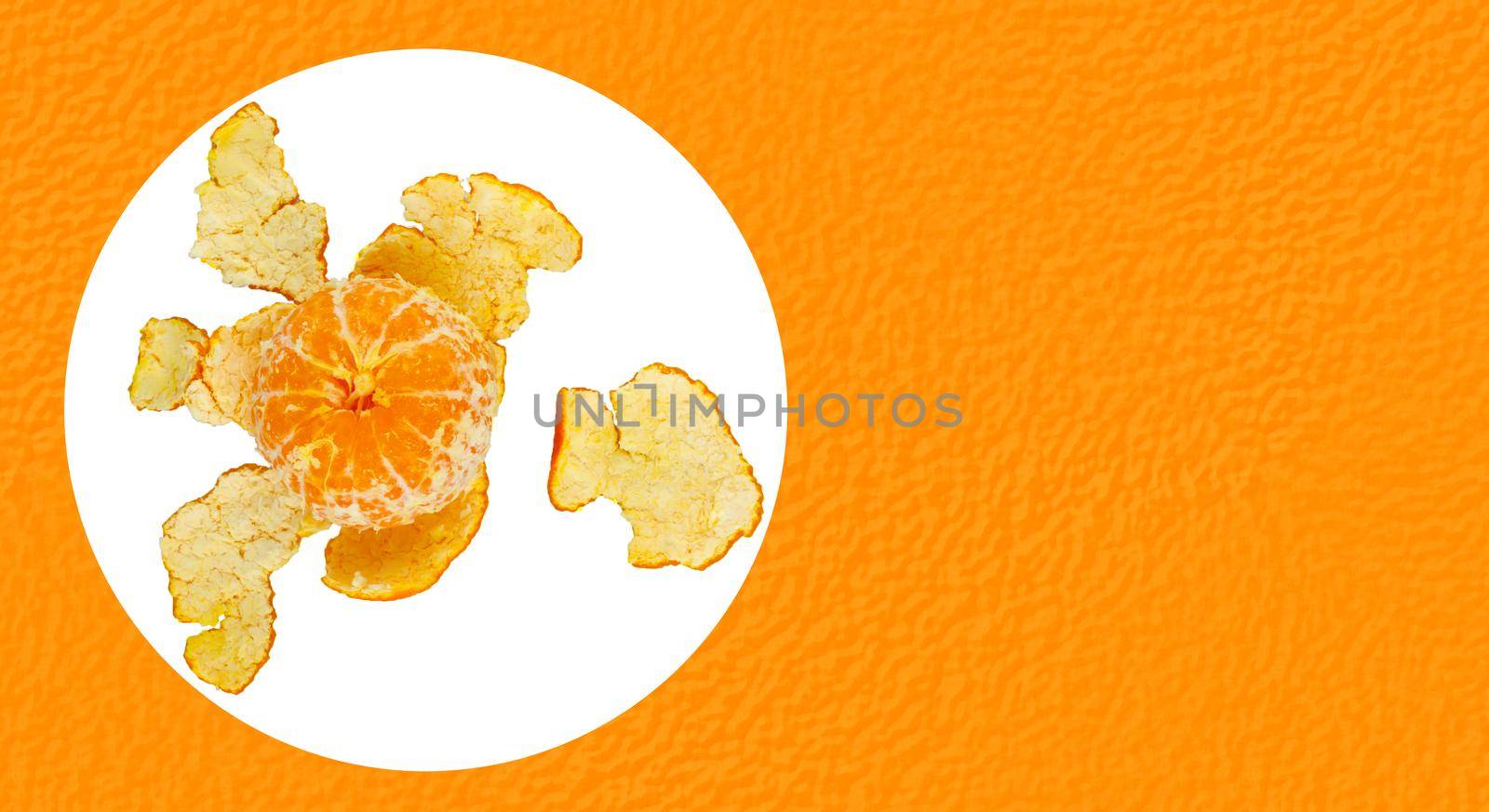 Ripe tangerine, peeled, on a white background, place under the text on the background of tangerine peel