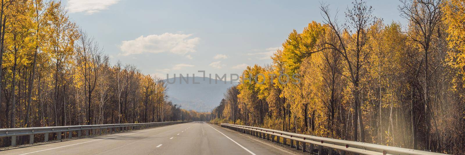 BANNER, LONG FORMAT Amazing view with colorful autumn forest with asphalt mountain road. Beautiful landscape with empty road, trees and sunlight in in autumn. Travel background. Nature by galitskaya