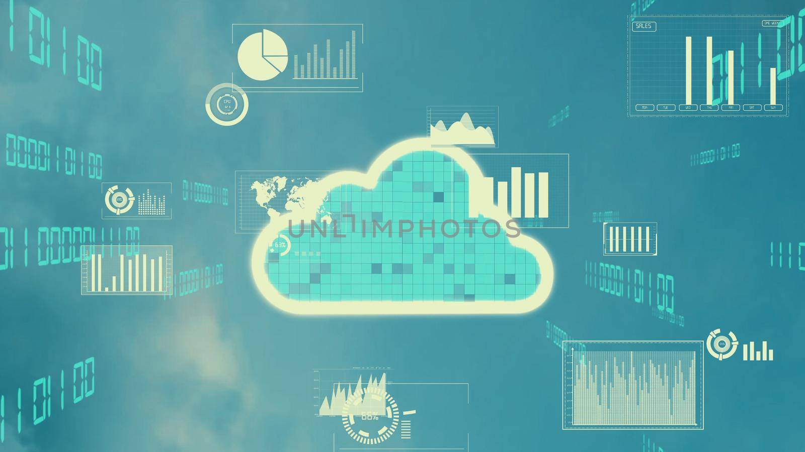 Cloud computing technology and online data storage for alteration data sharing . Computer connects to internet network server service for cloud data transfer shown in 3D futuristic graphic interface .