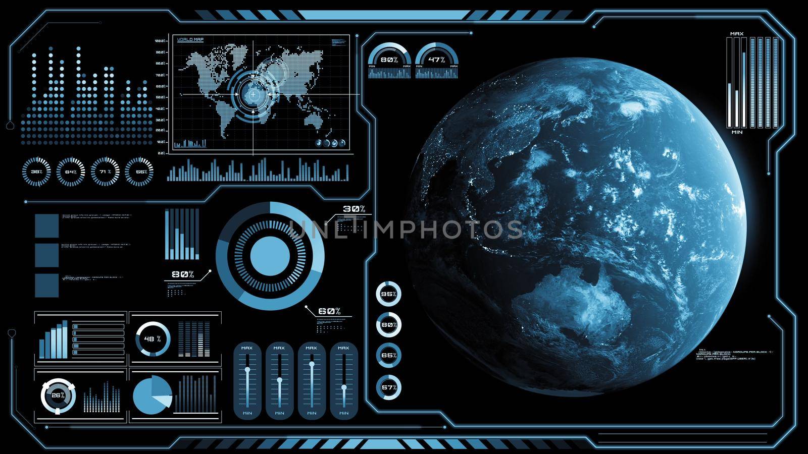 Futuristic VR head-up display design with orbital global network 3D rendering graphic . HUD element containing circle abstract and big data analytic presented in digital GUI technology .