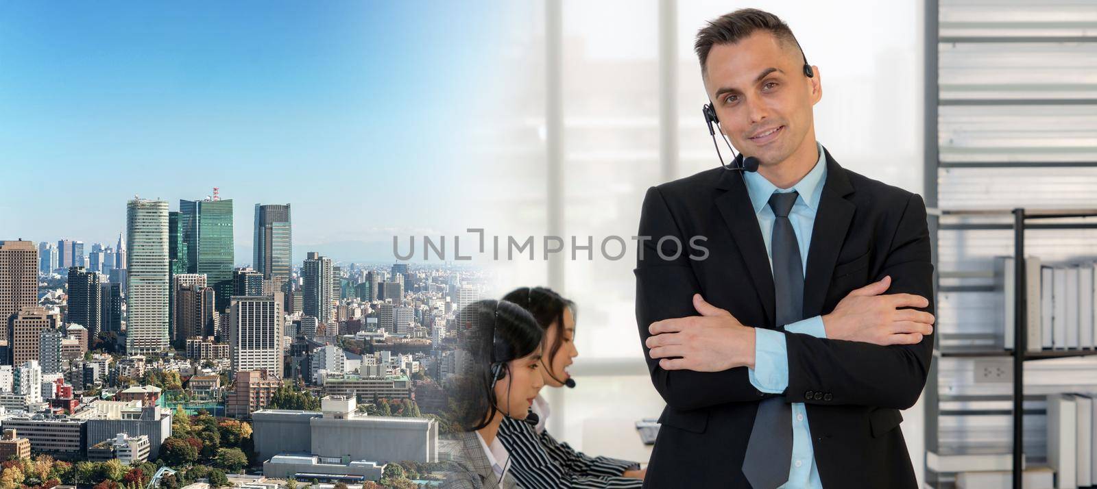 Business people wearing headset working in office to support remote customer or colleague. Call center, telemarketing, customer support agent provide service in broaden view .