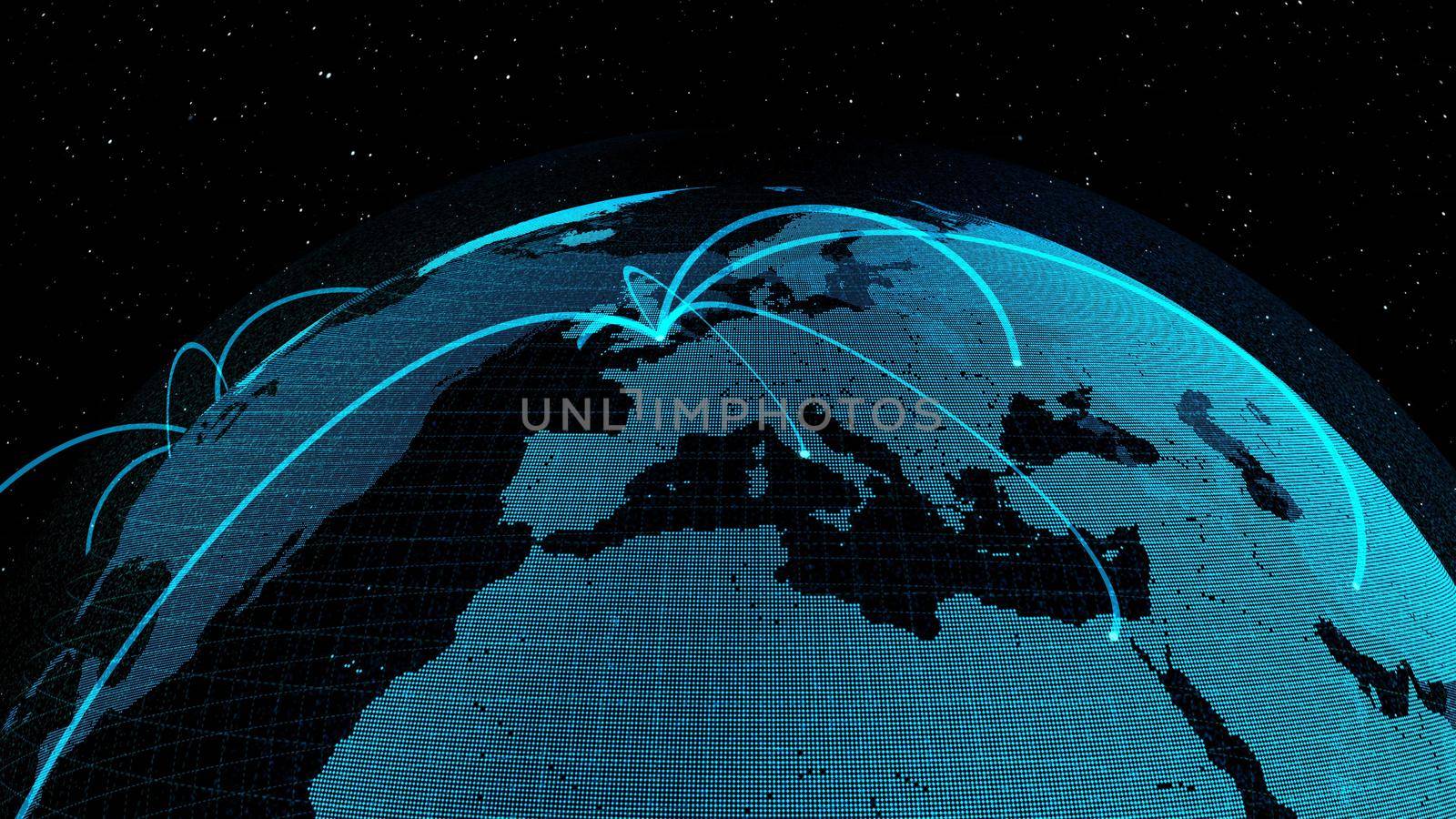 Global network and internet connection in orbital earth globe . Concept of wireless digital connection and internet of things in futuristic 3D rendering graphic .