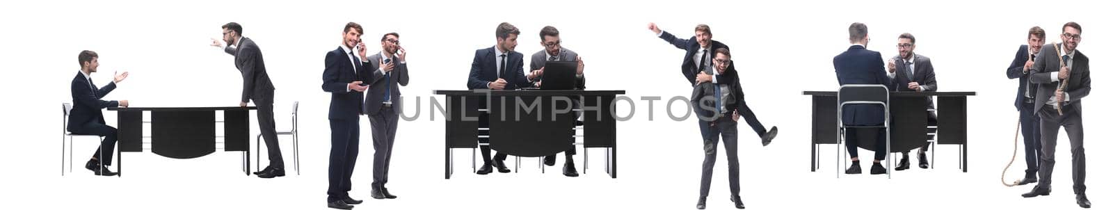 in full growth. two business people discussing something. isolated on white background