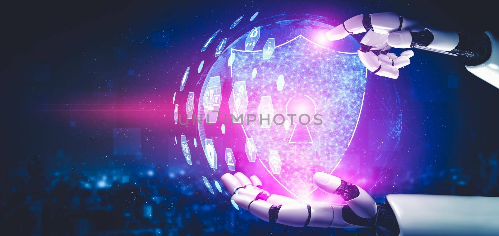 3D rendering artificial intelligence AI research of droid robot and cyborg development for future of people living. Digital data mining and machine learning technology design for computer brain.