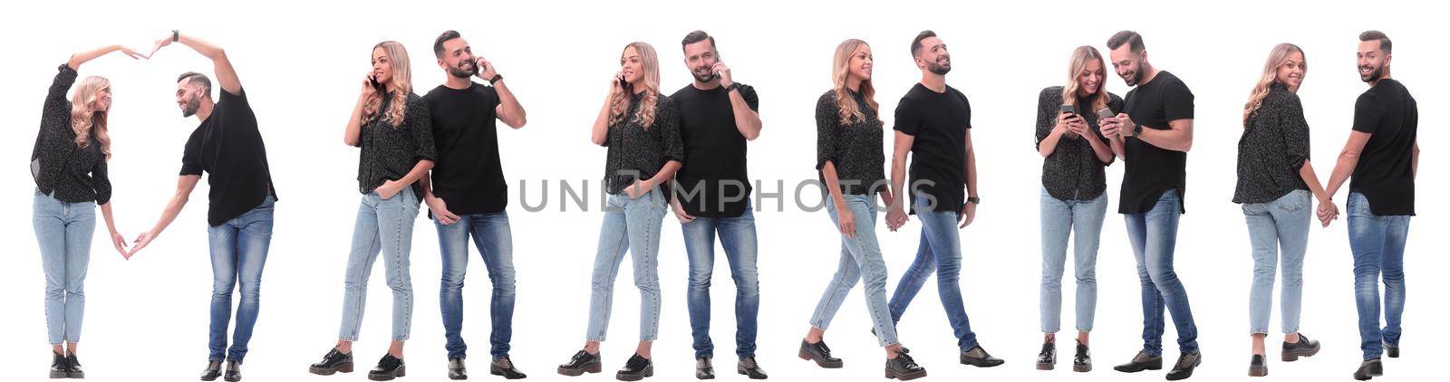 collage of photos of a couple of happy young people . isolated on a white background