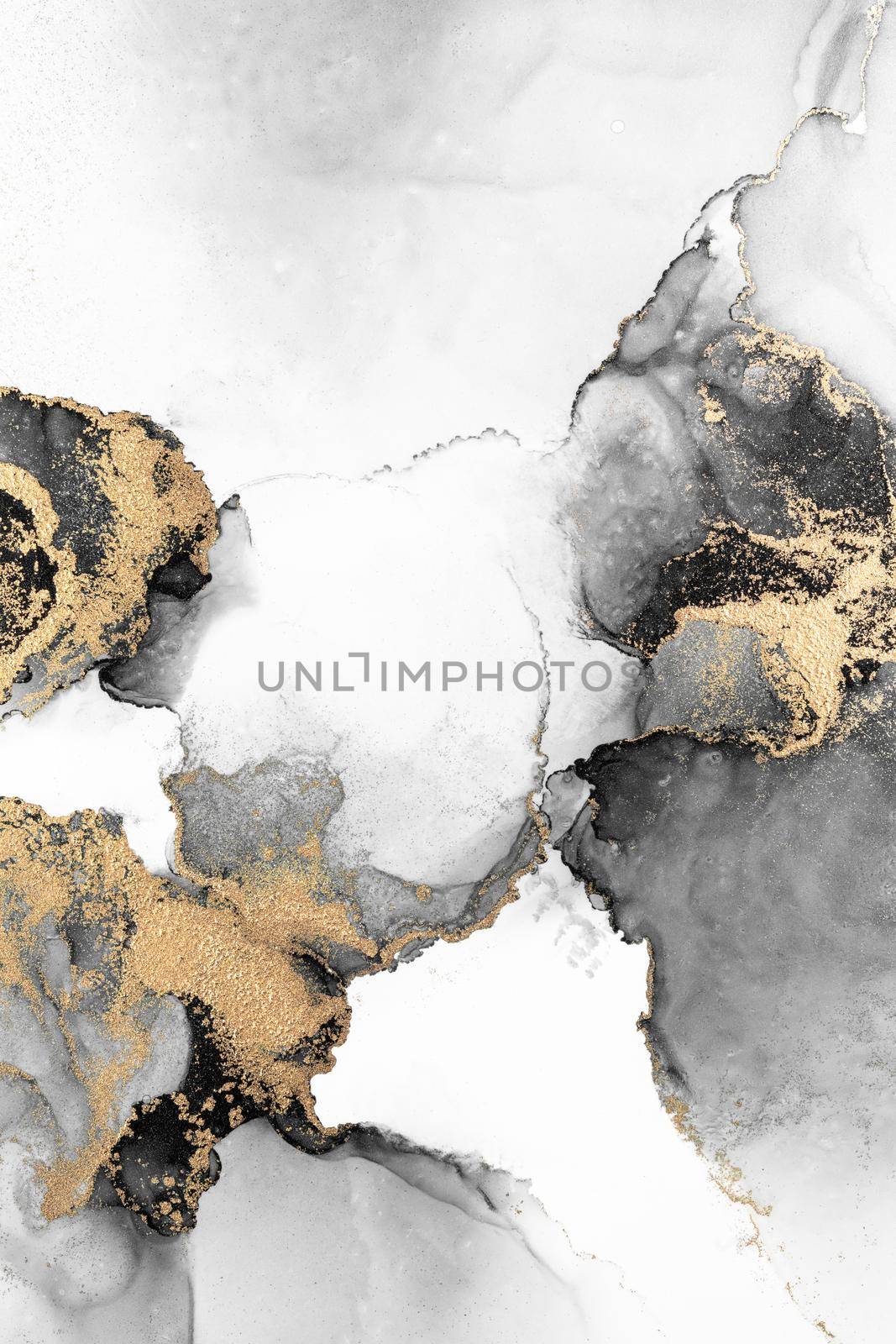 Black gold abstract background of marble liquid ink art painting on paper . Image of original artwork watercolor alcohol ink paint on high quality paper texture .