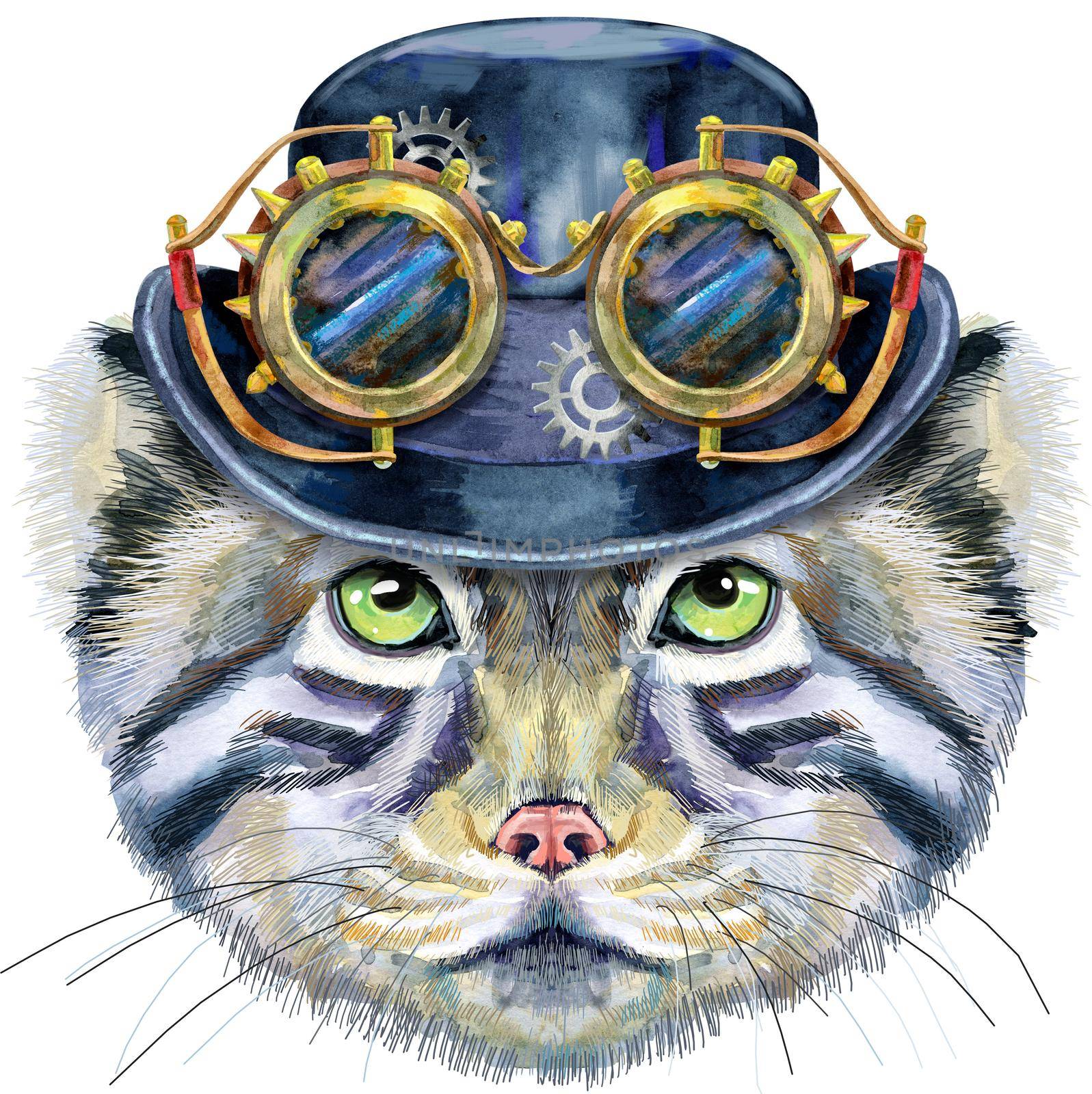 Watercolor portrait of a Manul Cat in steampunk hat with goggles on white background by NataOmsk