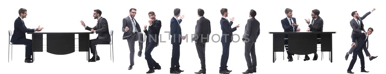 in full growth. two business people discussing something. isolated on white background