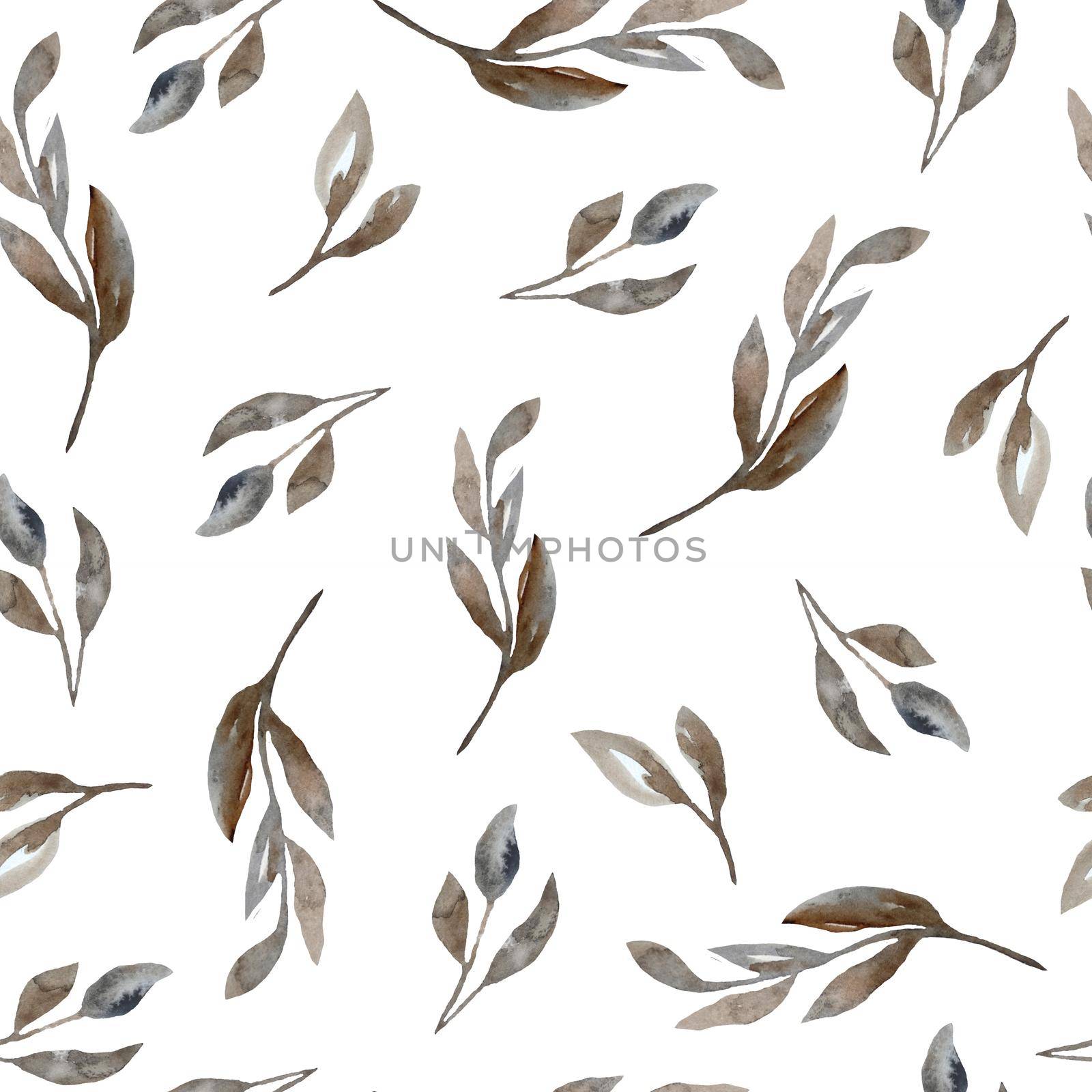 Watercolor seamless hand drawn pattern of grey gray brown neutral faded leaves leaf. Soft colors for textile design wallpaper. Elegant boho bohemins style for modern minimalist floral decor. by Lagmar