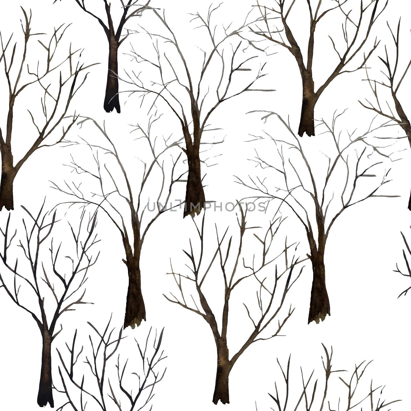 Watercolor hand drawn illustration seamless pattern of bare fall trees with no leaves, ecological concept nature forest wood woodland. Brown trunk bark in winter, spring, autumn. Naked tree branch design. by Lagmar