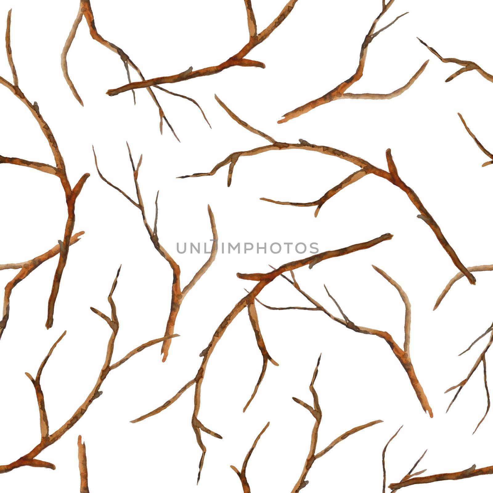 Watercolor hand drawn seamless pattern with brown branches twigs without leaves. Autumn fall winter illustration, wood woodland forest ecology environment design. Outdoor rustic elegant elements