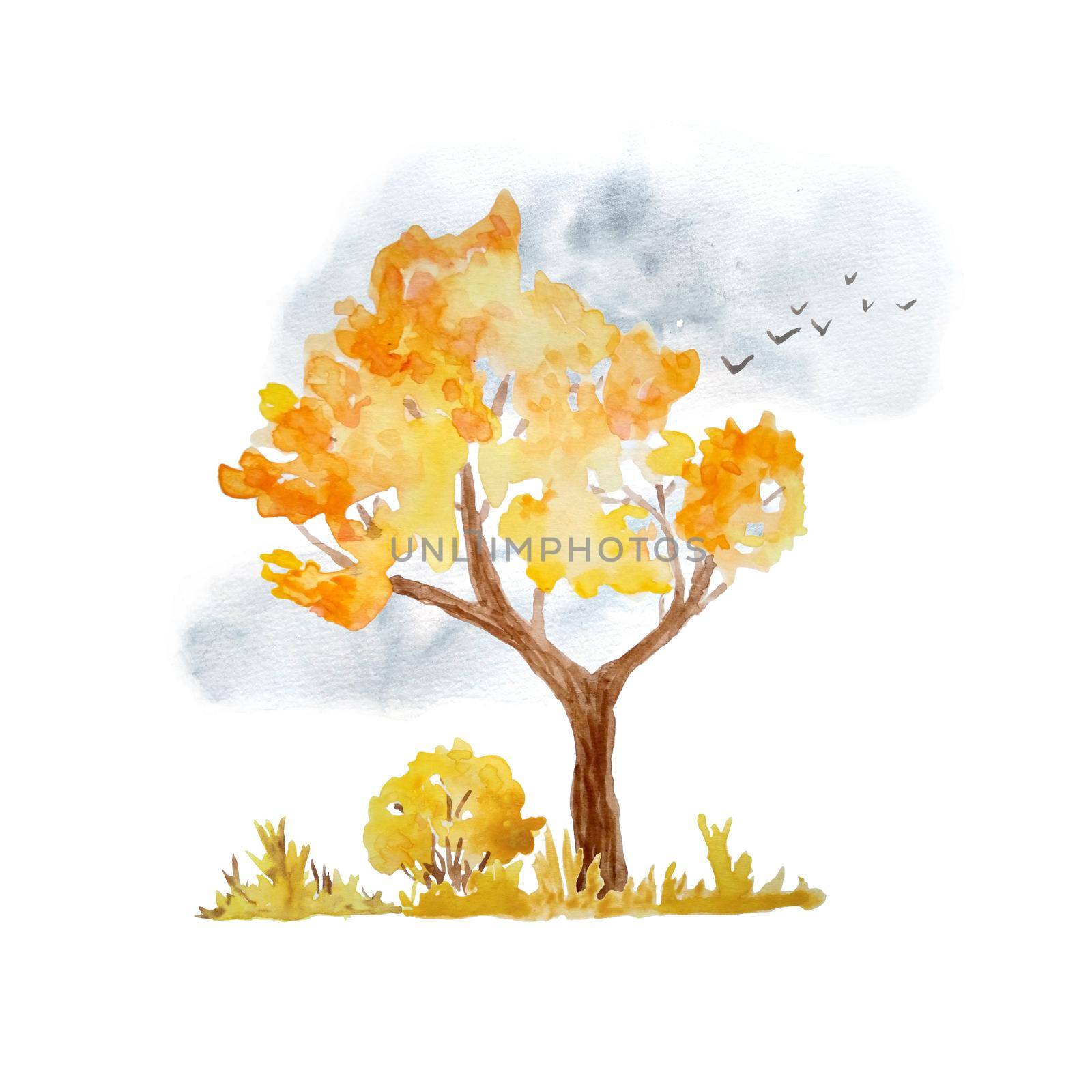 Watercolor hand drawn illustration with orange yellow autumn fall tall tree, bush sky and flying birds. wild forest woodland outdoor adventure camping, for nature lovers. Season design maple oak. by Lagmar