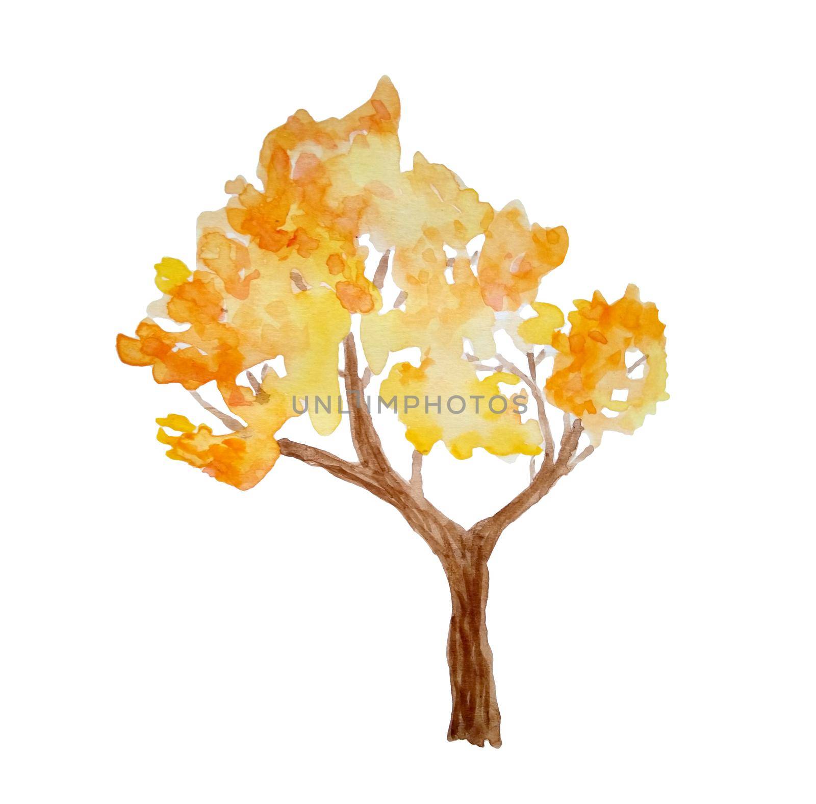 Watercolor hand drawn illustration of autumn fall tree in forest wood woodland park. Outdoor wild landscape. Nature camping design, fall activities in the open. Orange yellow warm colors eco season. by Lagmar