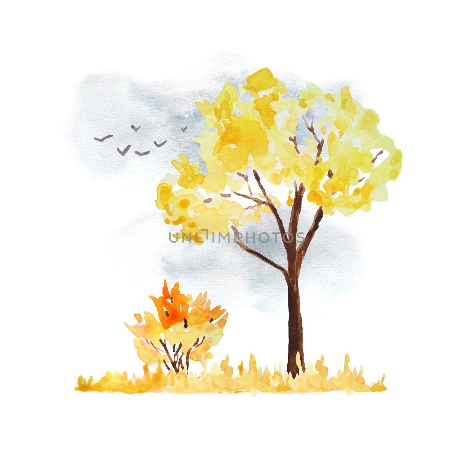 Watercolor hand drawn illustration with orange yellow autumn fall tree, bush grey sky and flying birds. wild forest woodland outdoor adventure camping, for nature lovers. Season design maple oak. by Lagmar