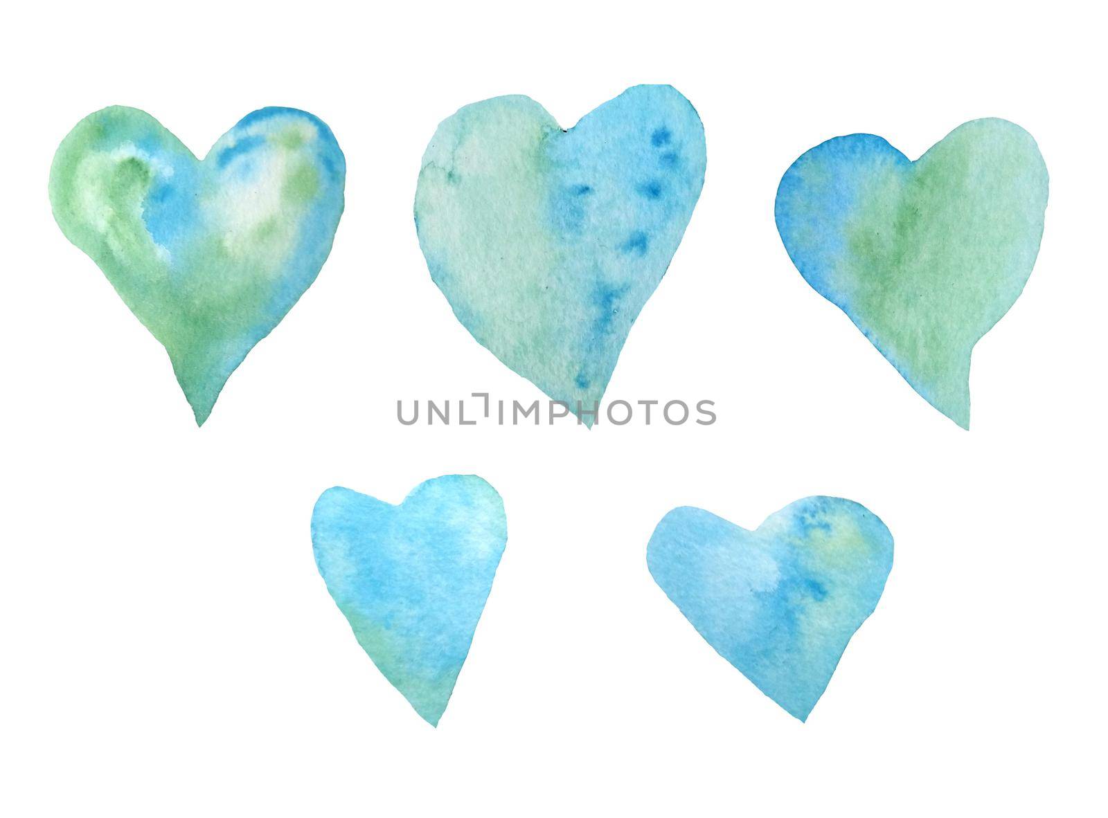 Watercolor hand drawn elements set of green blue turquoise hearts for St Valentine Day fabric wrapping paper. Elegant design background for love celebration wedding. Texture modern print. by Lagmar