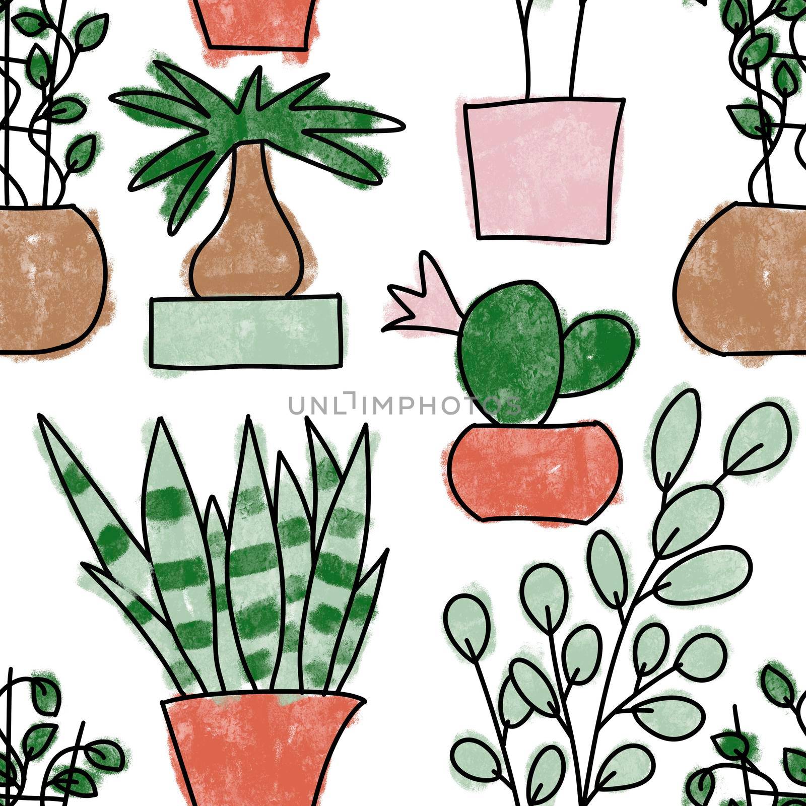 Seamless hand drawn pattern with houseplants, indoor plants flowers in pots, green leaves potted herbs. Urban jungle concept zz plant monstera snake plant peace lily cactus cacti succulent. by Lagmar