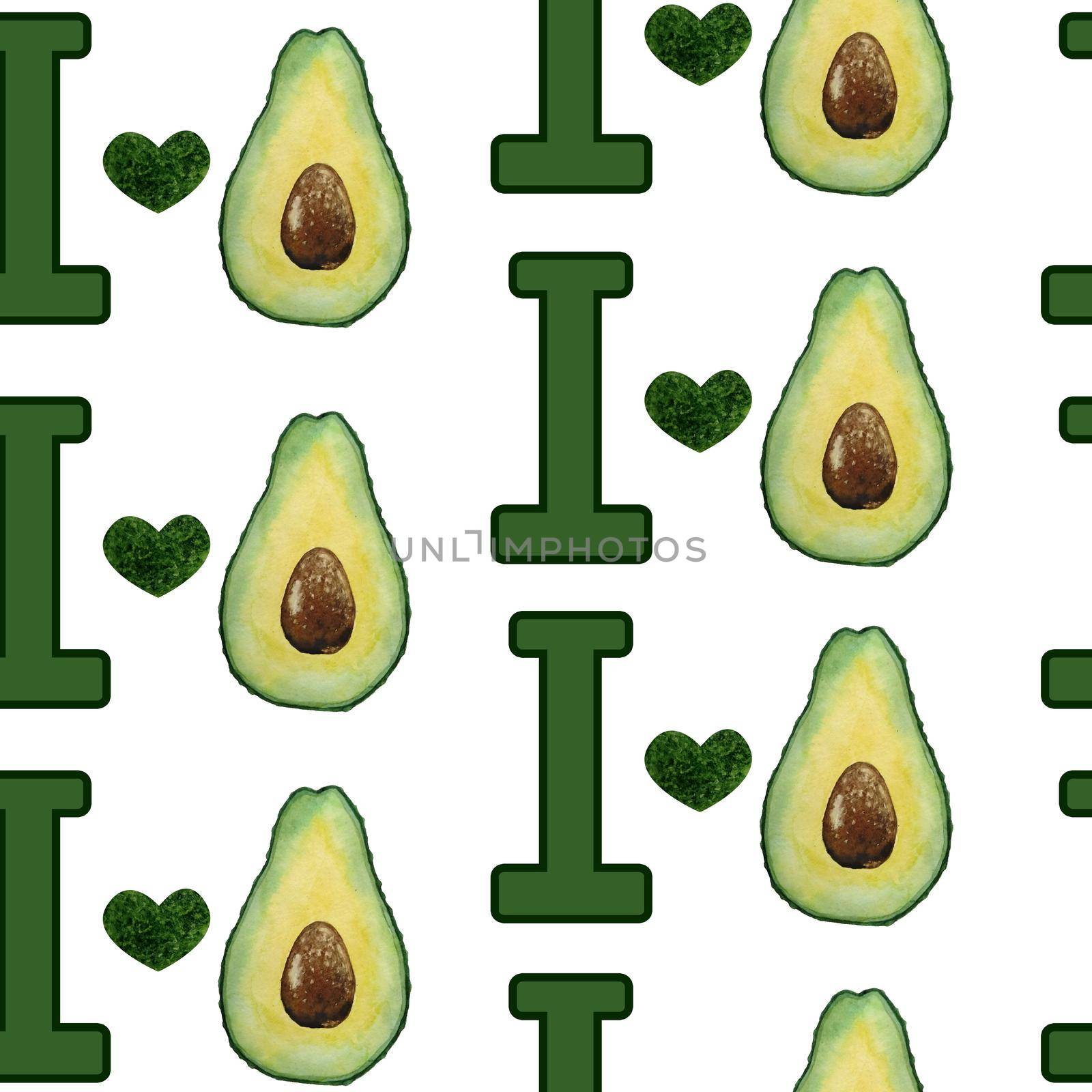 hand drawn watercolor seamless pattern illustration I love avocado fresh green tropical fruit. Super food exotic botanical plant vegetarian diet with heart love concept healthy lifestyle organic food