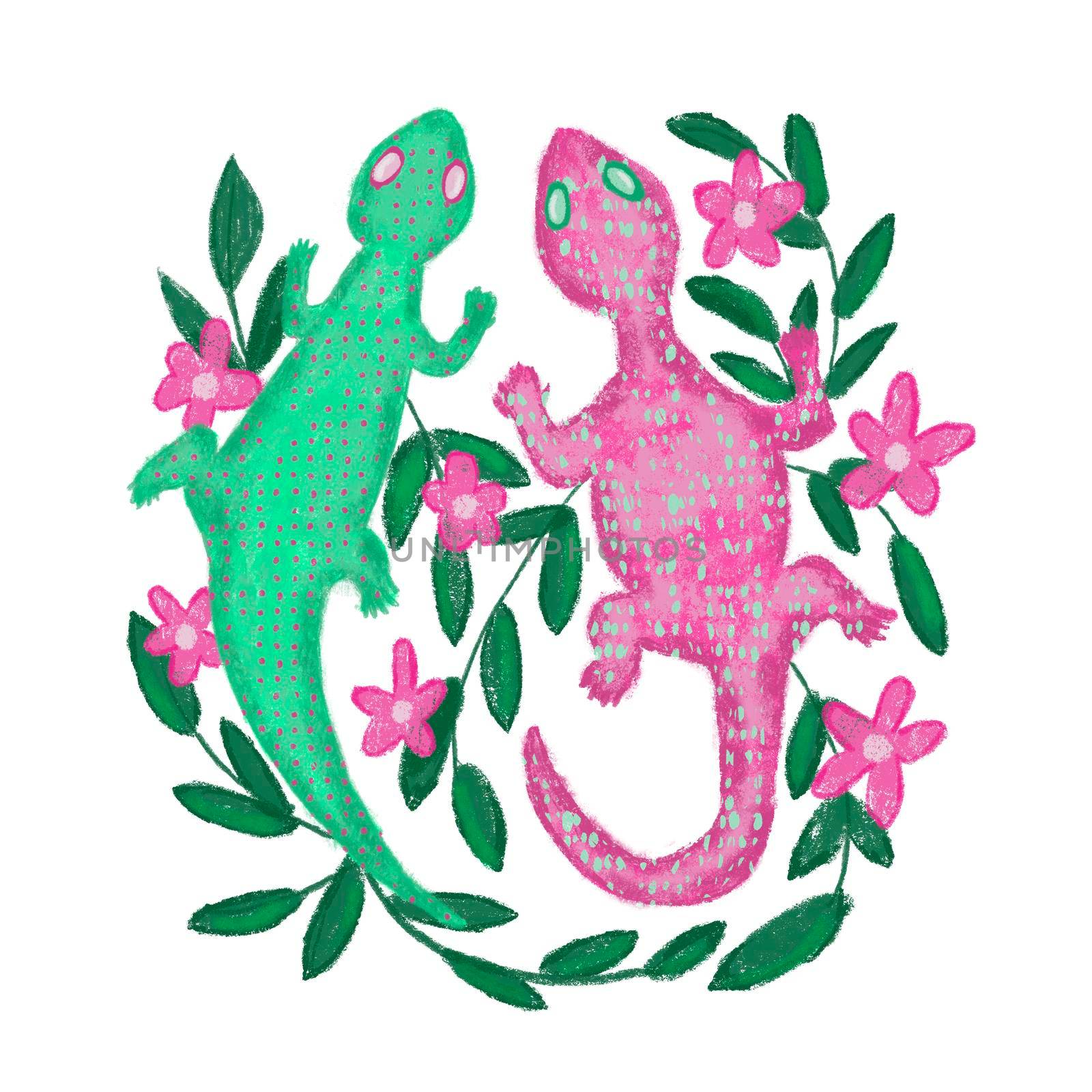 Hand drawn illustration of green and pink rose gecko lizard, colorful bright amphibian animal in folk ethnic style with green leaves branches and flowers floral background. by Lagmar