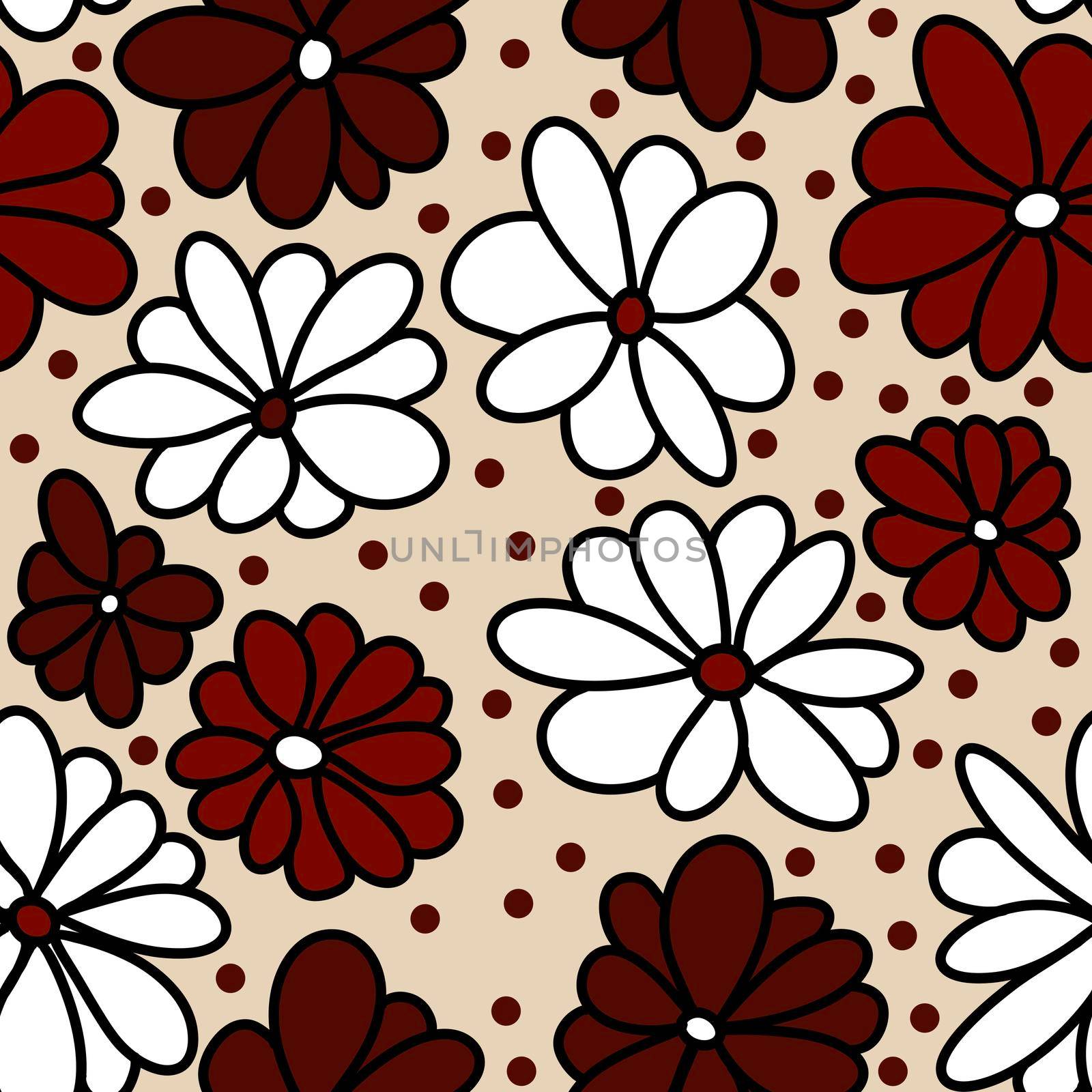 Hand drawn seamless floral pattern with burgundy marsala flowers on neutral beige background. Elegant red black white leaves petals blossom for textile wrapping paper. Summer fall autumn wedding design in minimalist style. by Lagmar