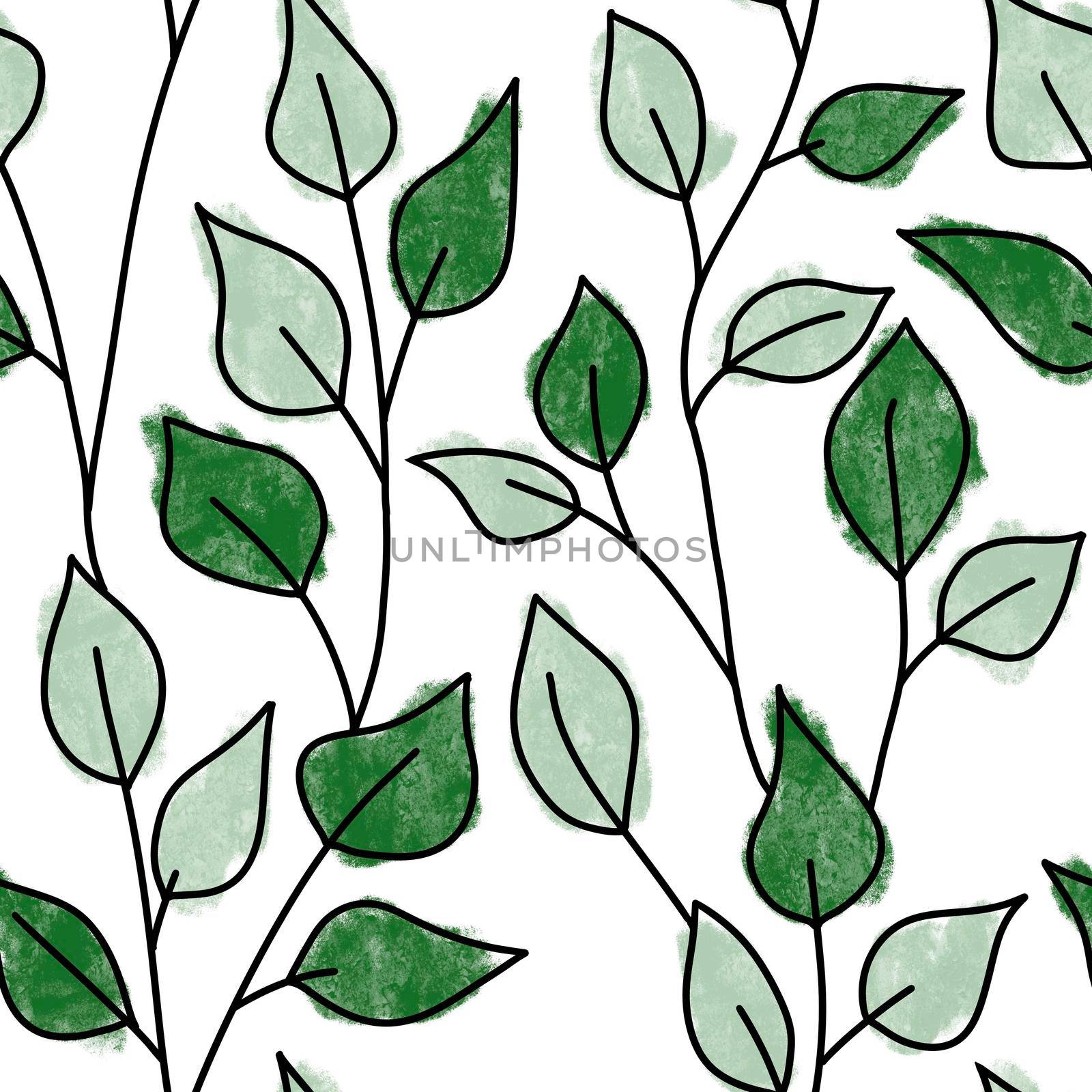 Hand drawn seamless pattern with green leaves natural leaf greenery, wild herbs fabric print design, urban jungle plant lady gift. Elegant foliage background for wallpaper textile.. by Lagmar