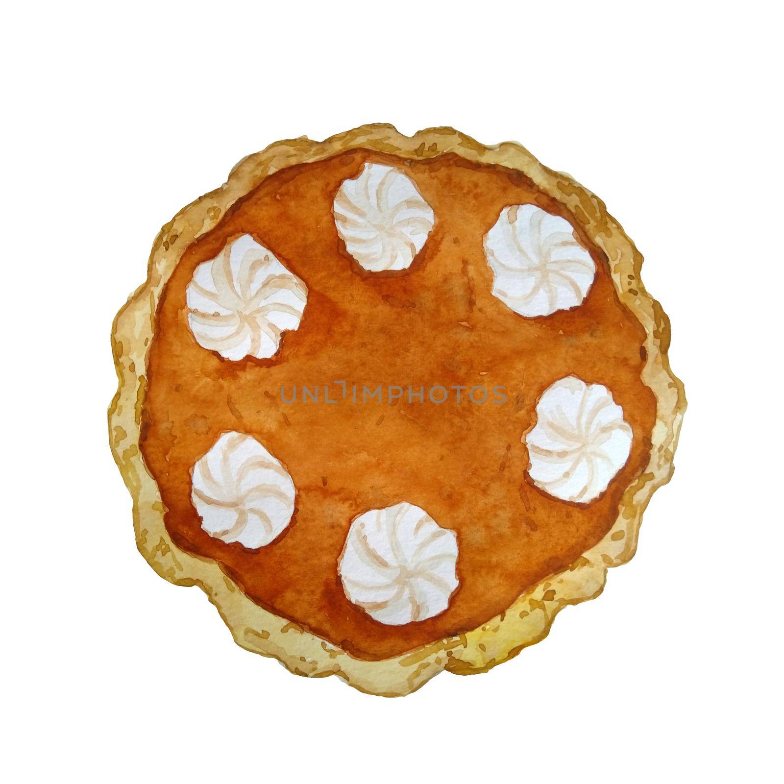 Watercolor hand drawn illustration of orange pumpkin squash pie with cream topping. Traditional dish dessert food for thanksgiving halloween christmas. Baking bakery recipe for dinner cafe party. by Lagmar