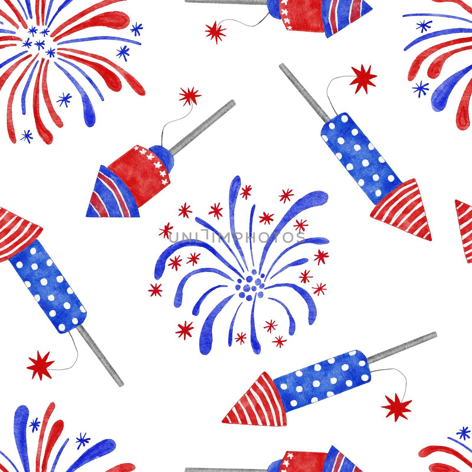 Watercolor hand drawn seamless patriotic american pattern with 4th of july balloons hearts hat flowers. Fourth of july Independence day US fabric print, blue red white background stars stripes