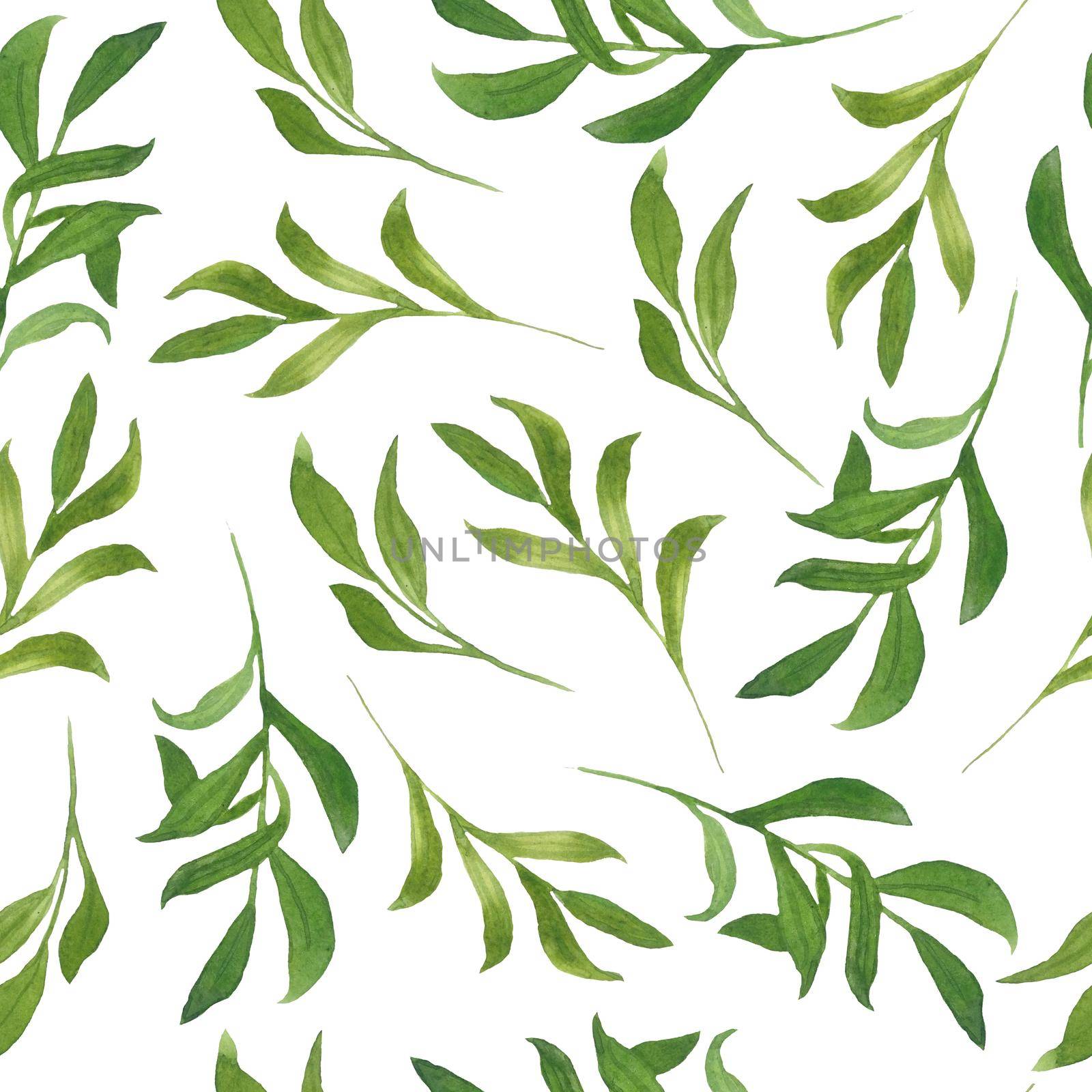 Seamless hand drawn watercolor pattern with green wild herbs flowers leaves in wood woodland forest. Organic natural plants, floral botanical design for wallpapers textile wrapping paper wedding invitation. by Lagmar